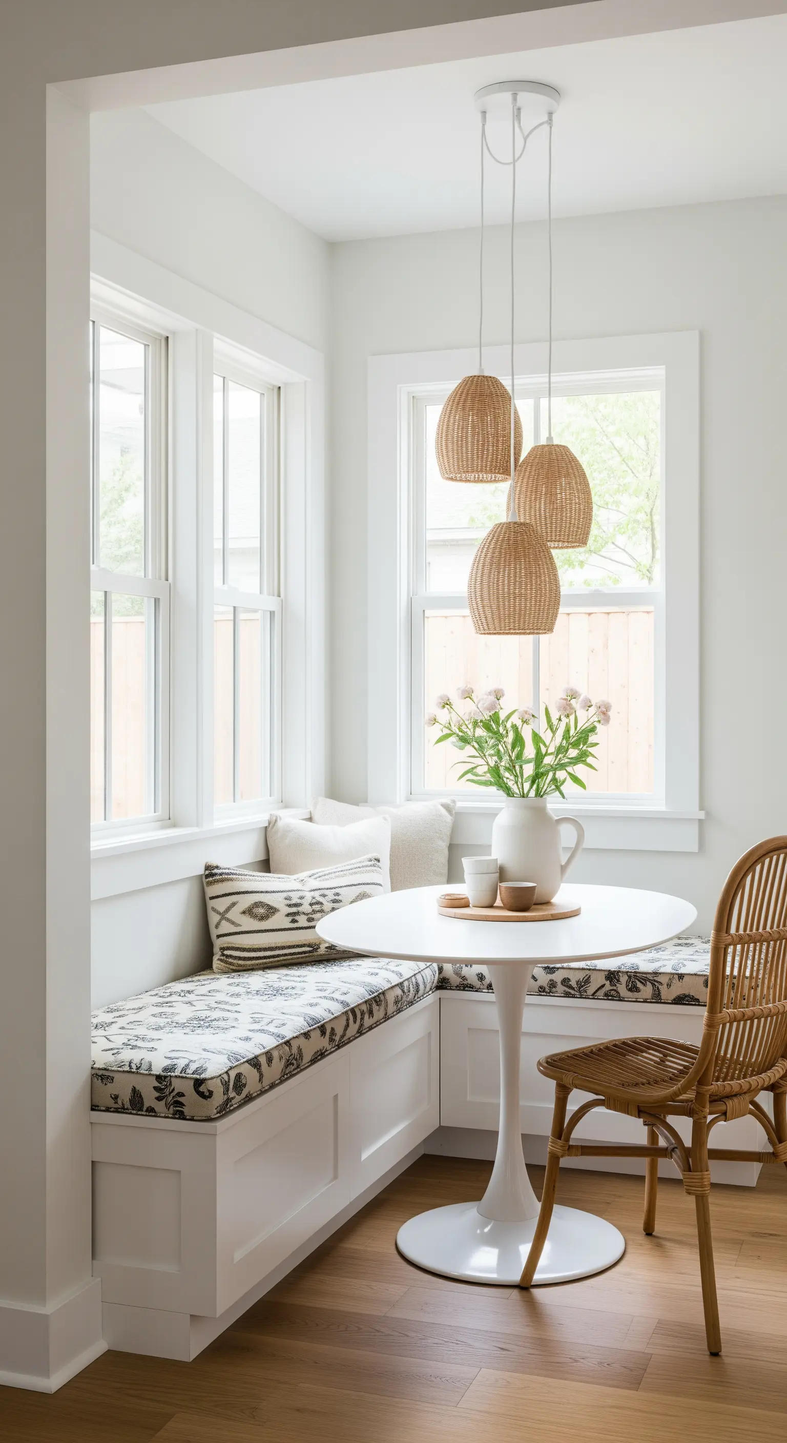 Helle Frühstücksecke mit einer weißen Eckbank, Kissen und drei kleinen Rattan-Lampen.