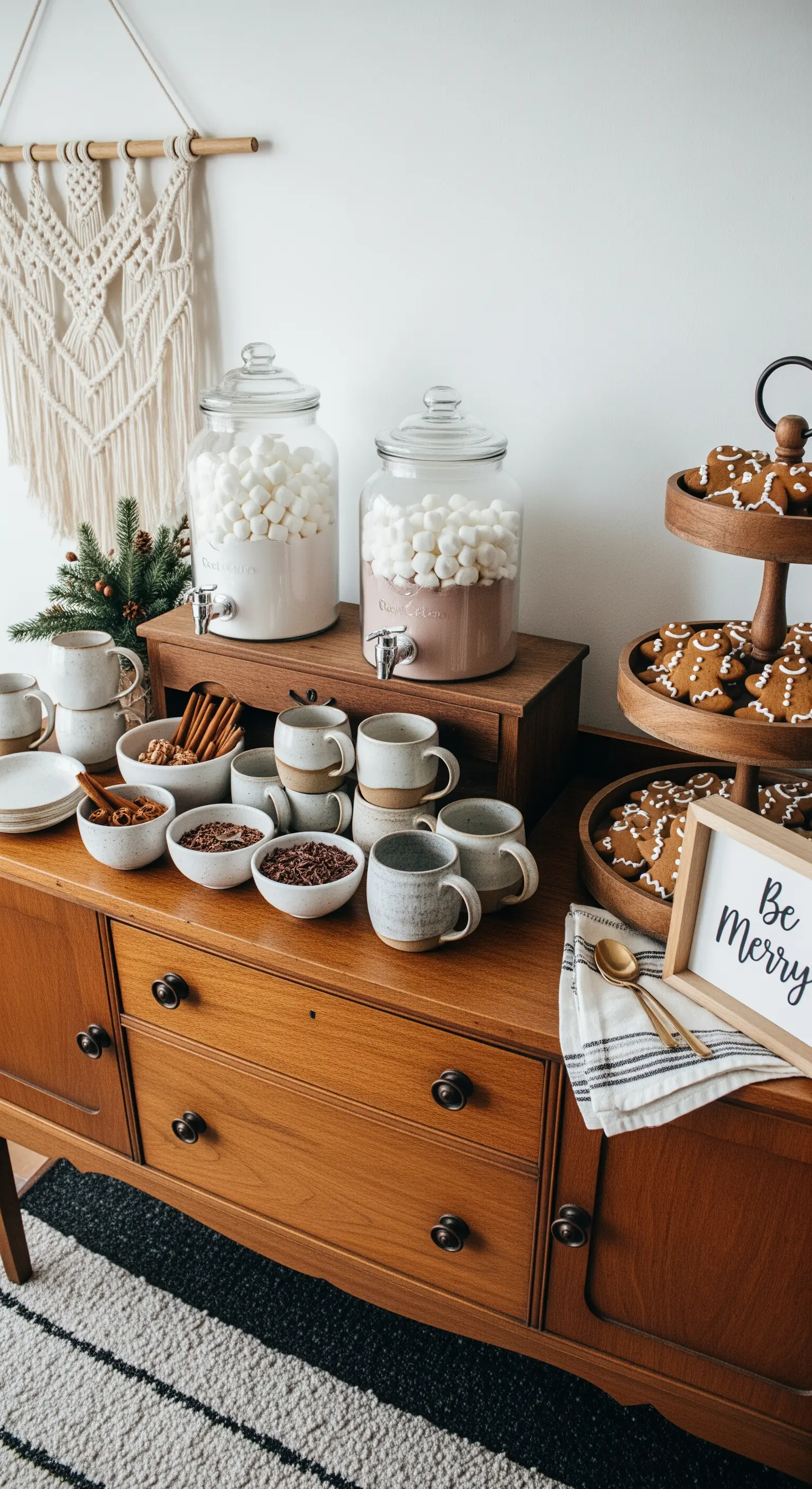 Heiße-Schokolade-Bar auf einer Kommode mit Tassen, Toppings und Lebkuchen