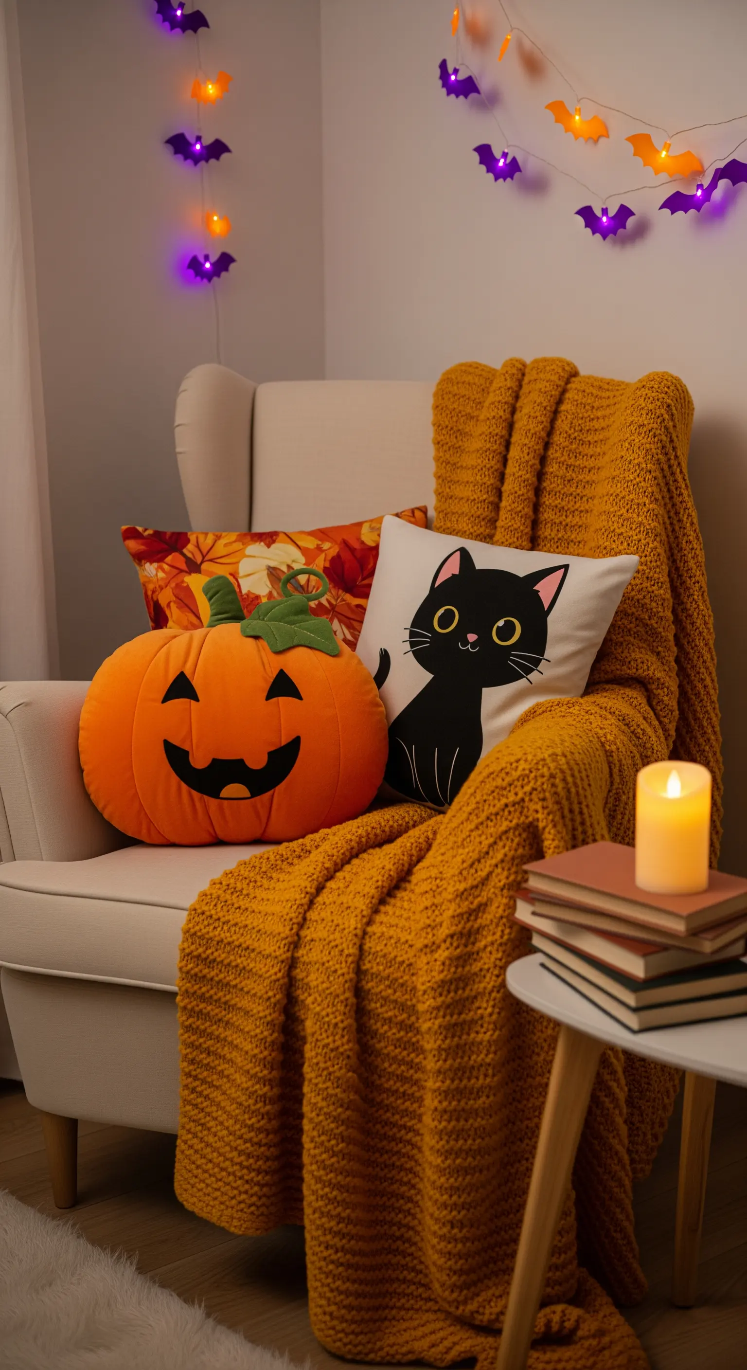 Beiger Sessel mit einer senfgelben Decke, einem Kürbis- und einem Katzenkissen dekoriert.