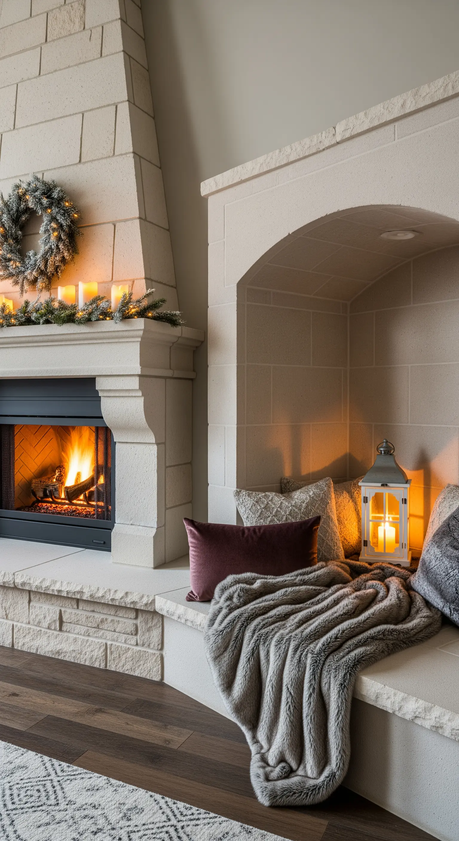 Moderne Kaminnische, gestaltet als gemütliche Sitzecke mit Kissen, Decke und Laterne.