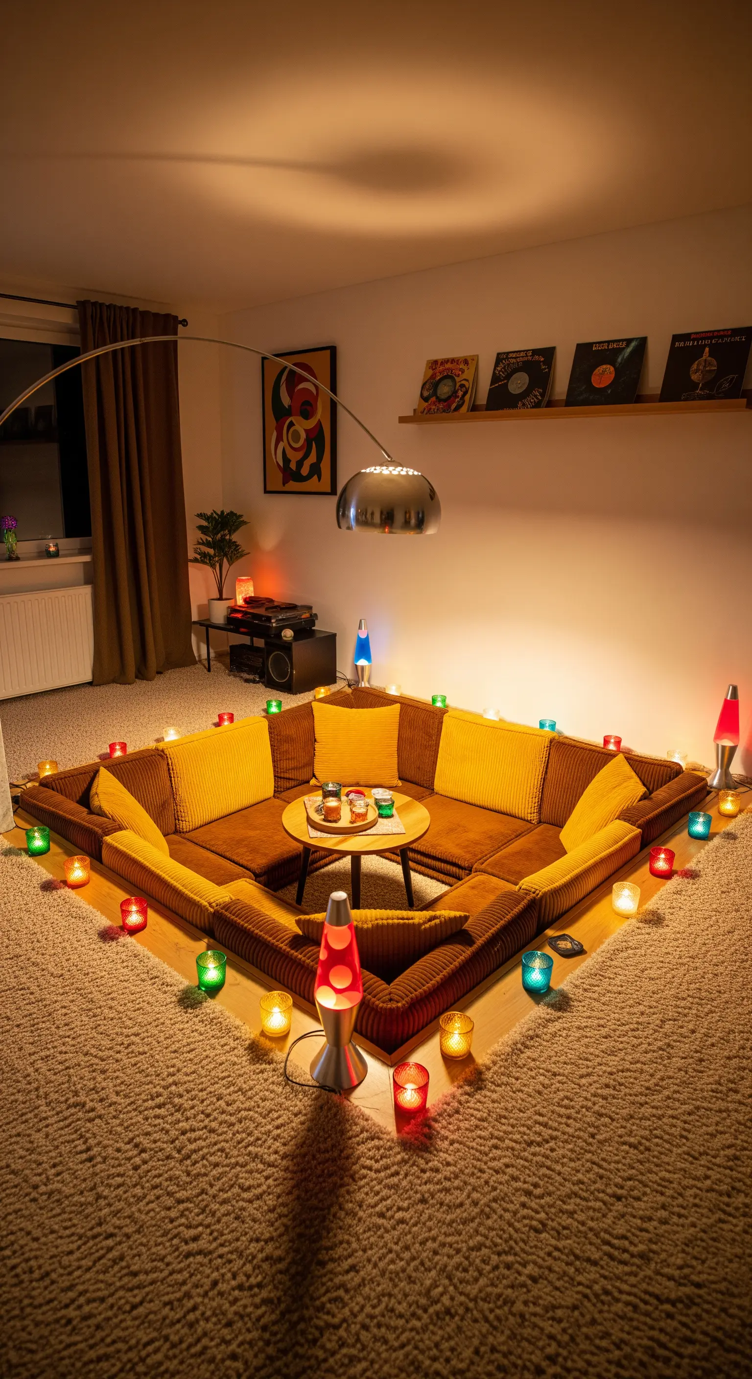 In den Boden eingelassene Sitzecke mit bunten Lichtern und vielen Kissen