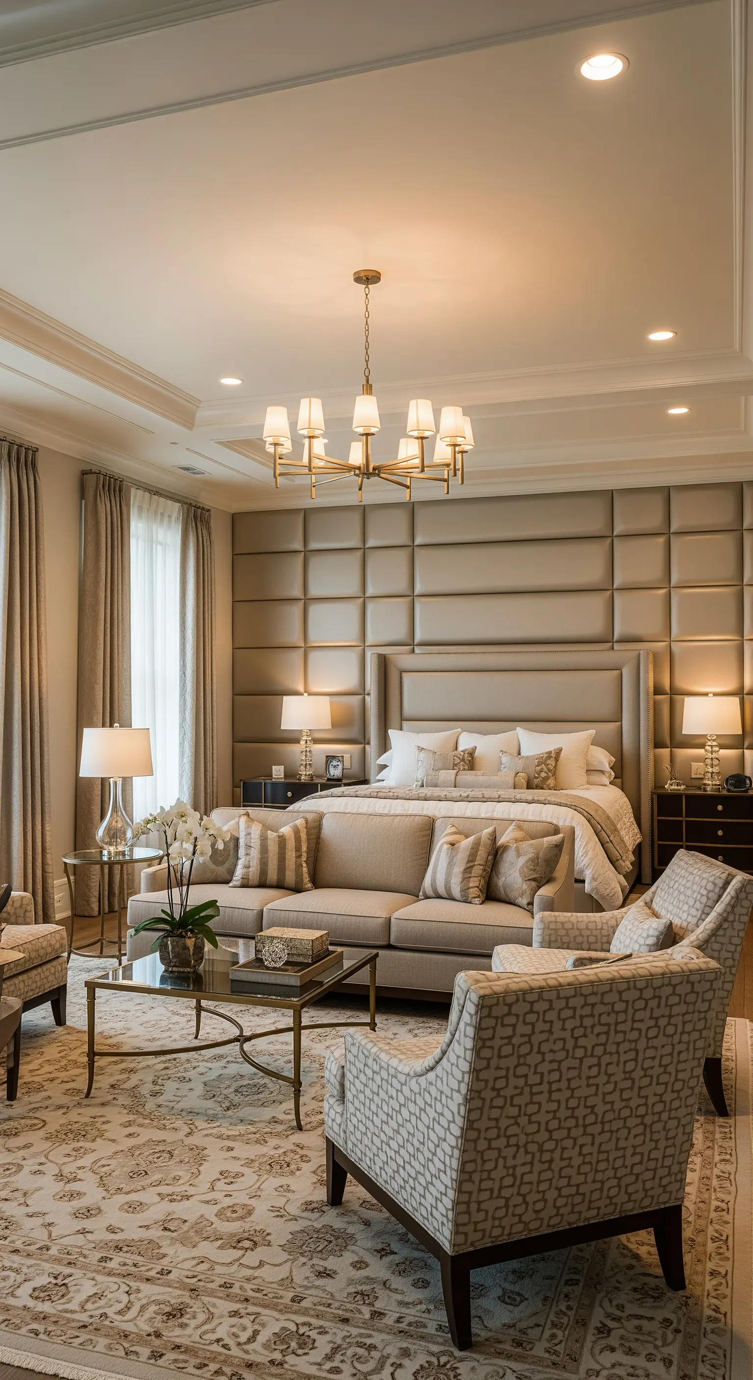 Luxusschlafzimmer mit einer ganzen Wand aus beigefarbenen Polsterpaneelen hinter dem Bett.