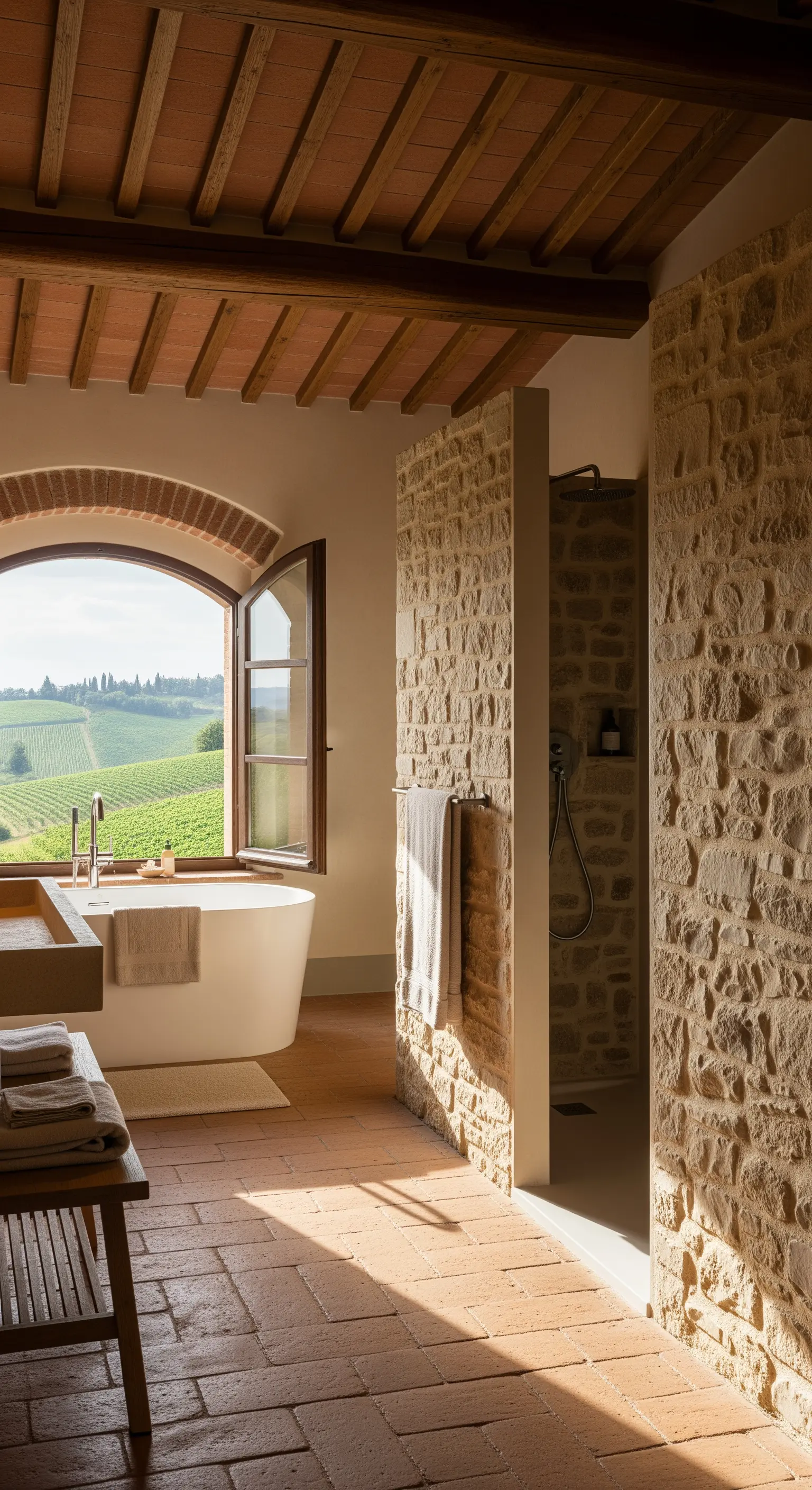 Rustikales Badezimmer mit Natursteinwand und großem Bogenfenster mit Blick auf Weinberge.