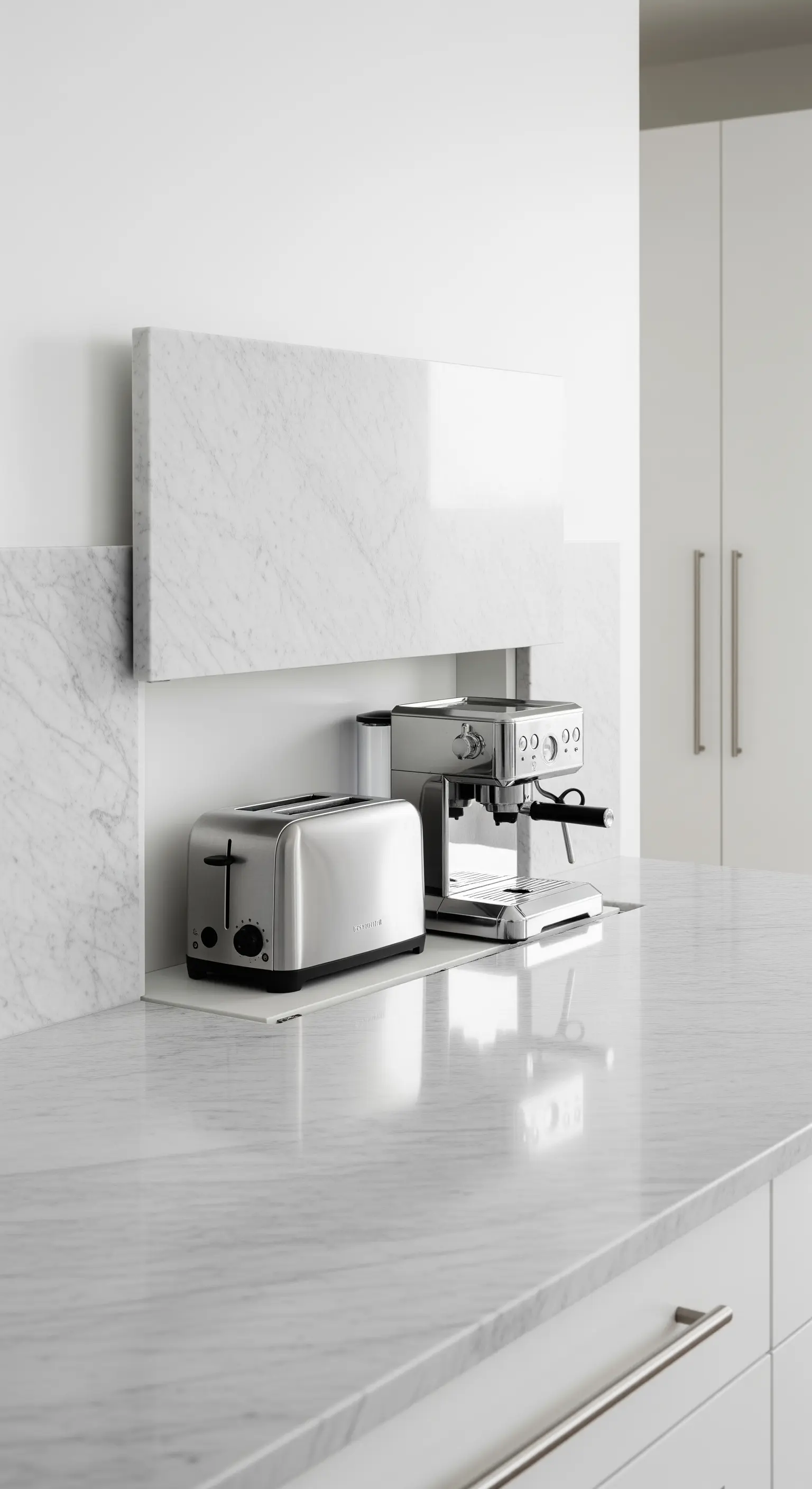 Eine 'Geräte-Garage' aus Marmor auf einer Küchenarbeitsplatte, die Kaffeemaschine und Toaster verbirgt.