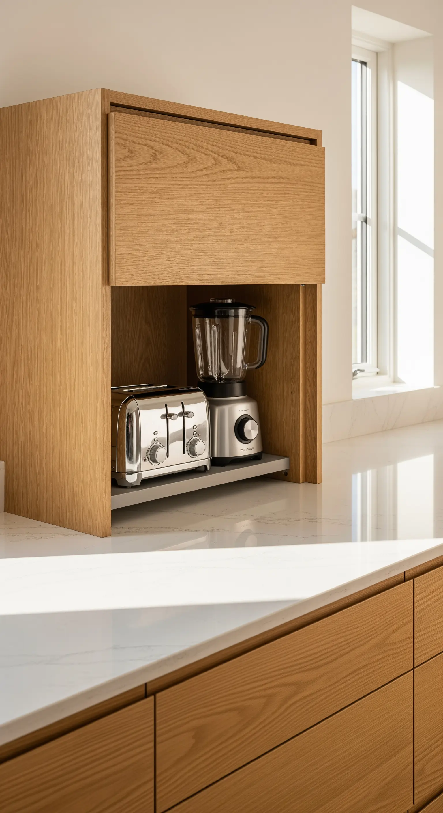 Küchenschrank aus Holz mit einer Hubtür, die Toaster und Mixer verbirgt.