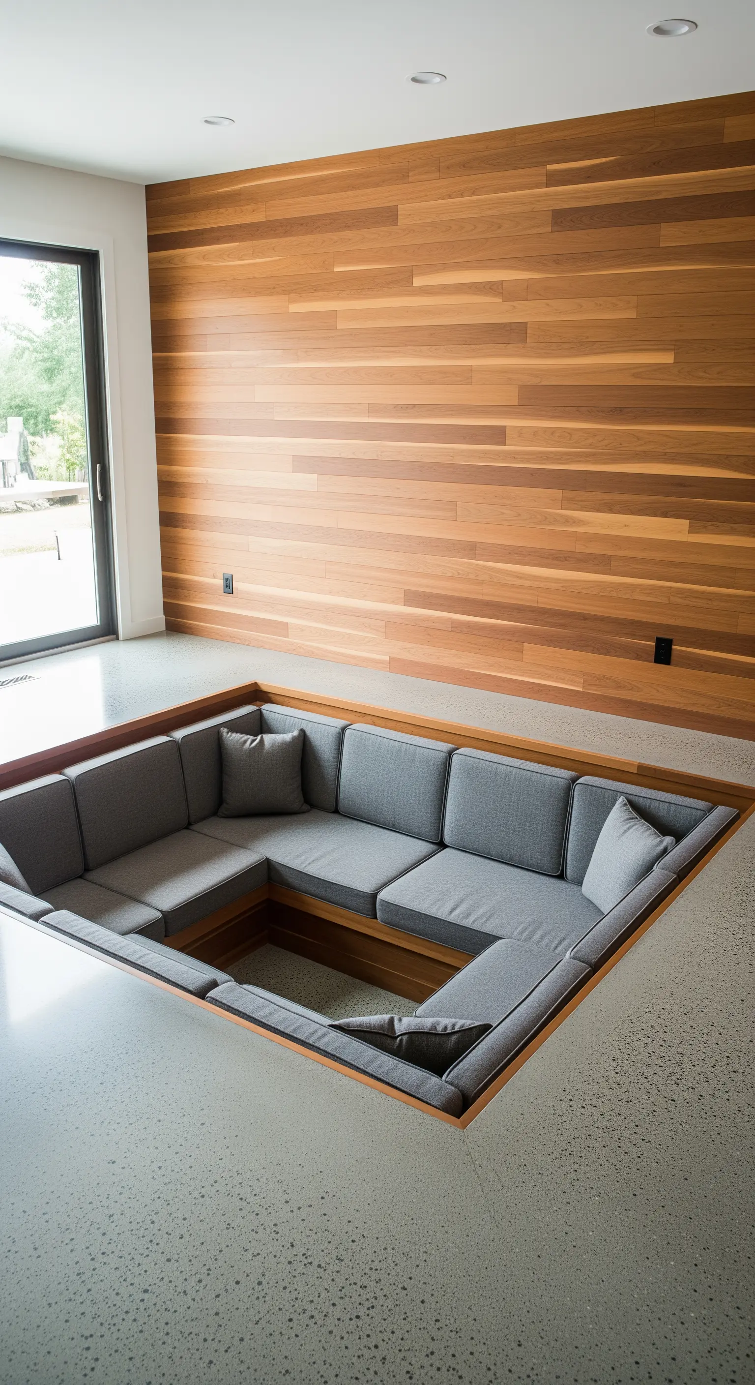 Abgesenkte Sitzecke mit grauen Polstern, umgeben von Betonboden und Holzwand.
