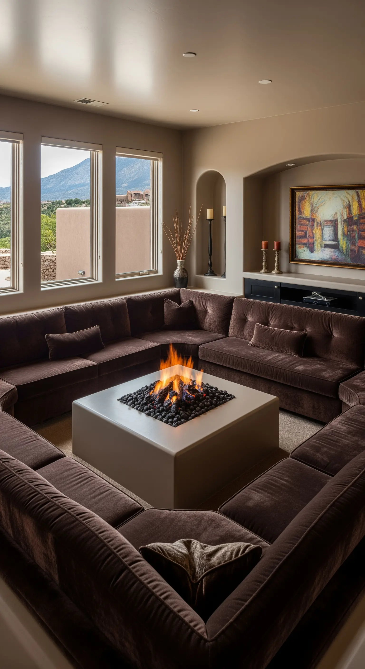 Eine U-förmige Samtcouch umgibt eine zentrale Feuerstelle in einem modernen Wohnzimmer.