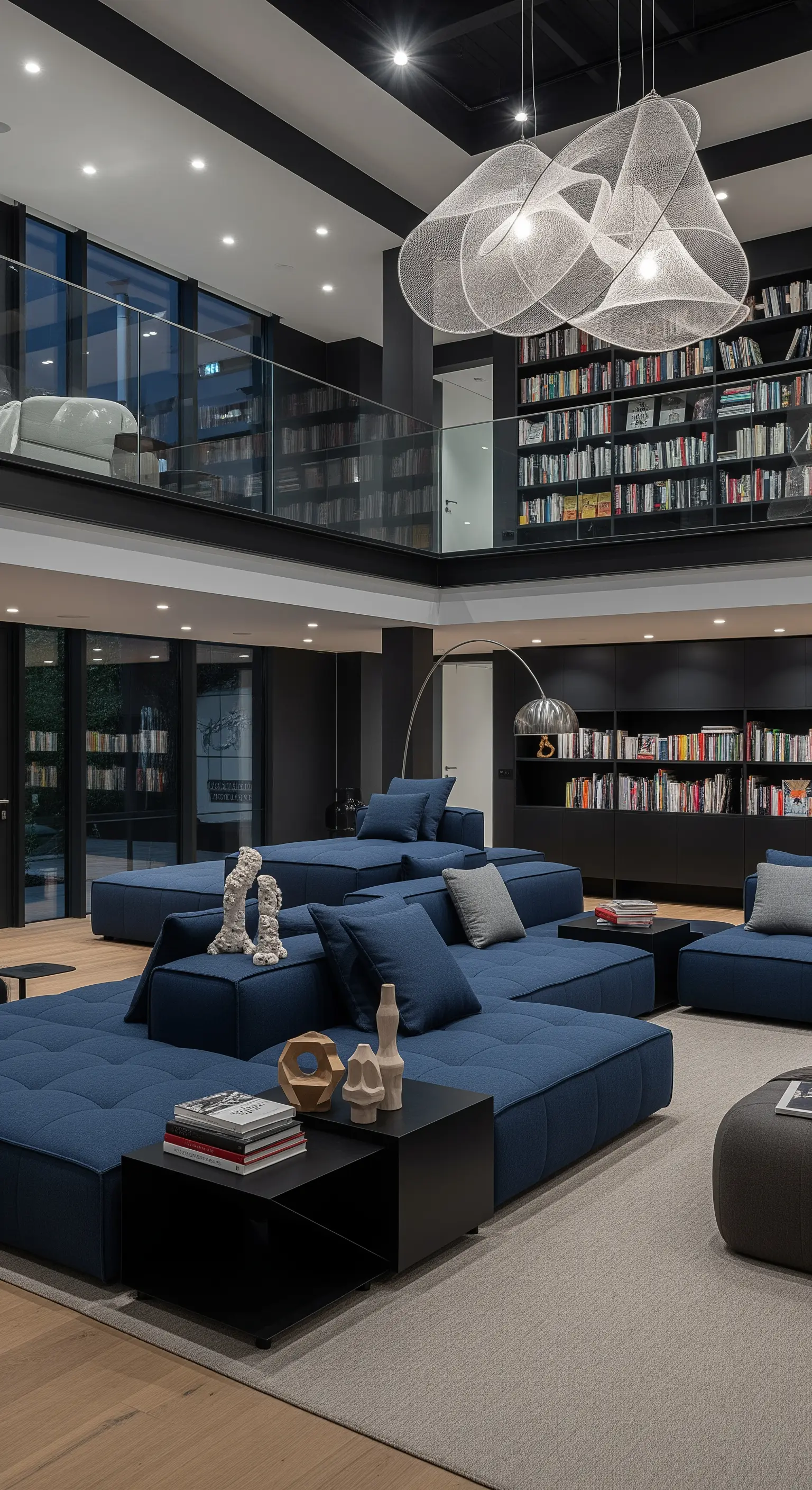 Große, blaue Modul-Sofalandschaft in der Mitte eines modernen, offenen Raumes mit hoher Decke.