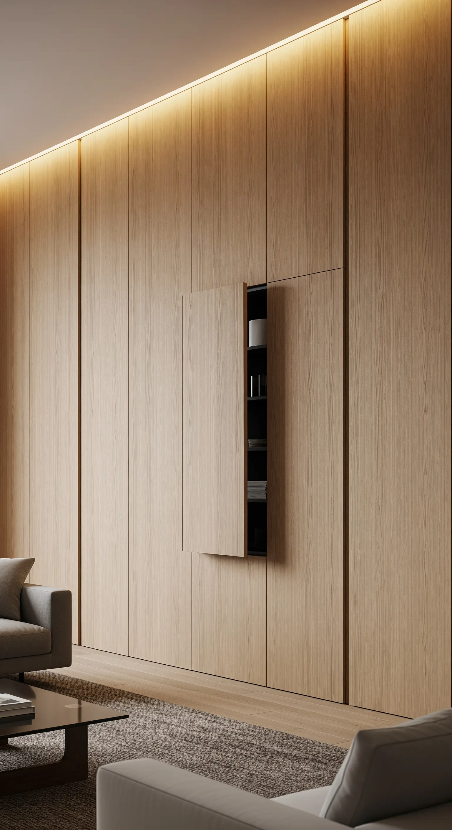 Wohnzimmerwand aus Holzpaneelen mit einer versteckten, grifflosen Tür zu einem Regal.