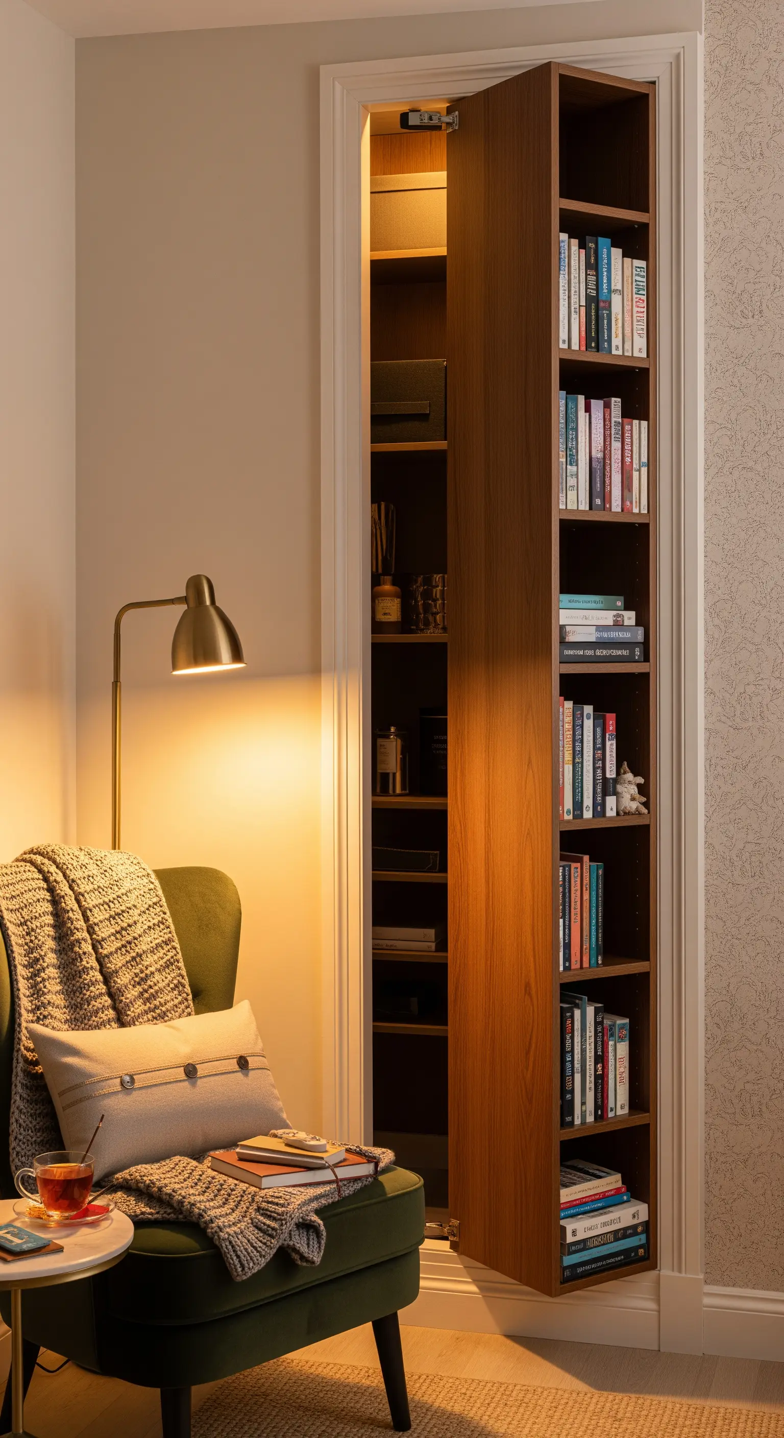 Eine als Bücherregal getarnte Tür, die leicht geöffnet ist und den Blick in einen dahinterliegenden Raum freigibt.