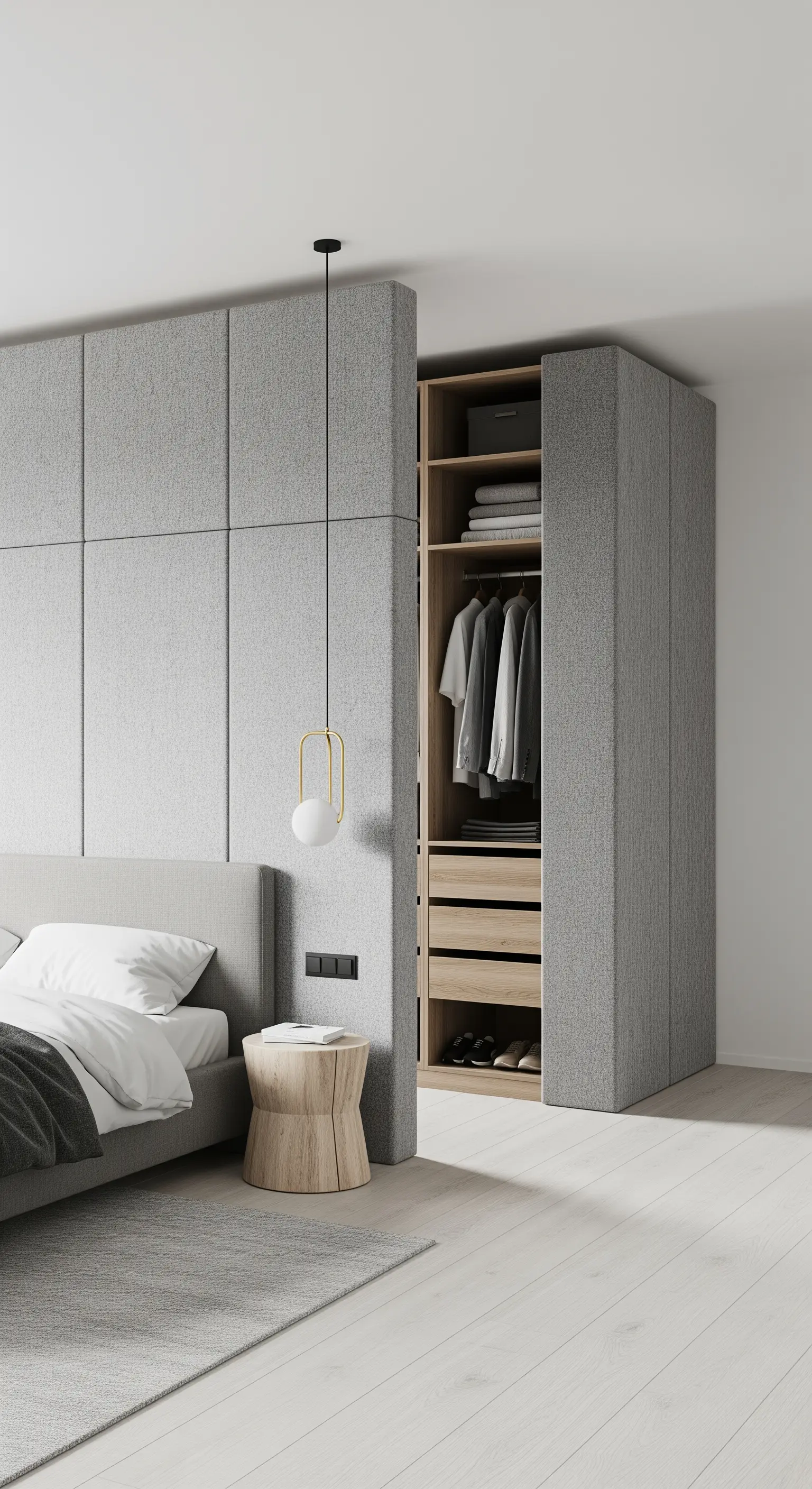 Schlafzimmerwand mit grauen Stoffpaneelen, die eine unsichtbare Tür zum Kleiderschrank verbergen.
