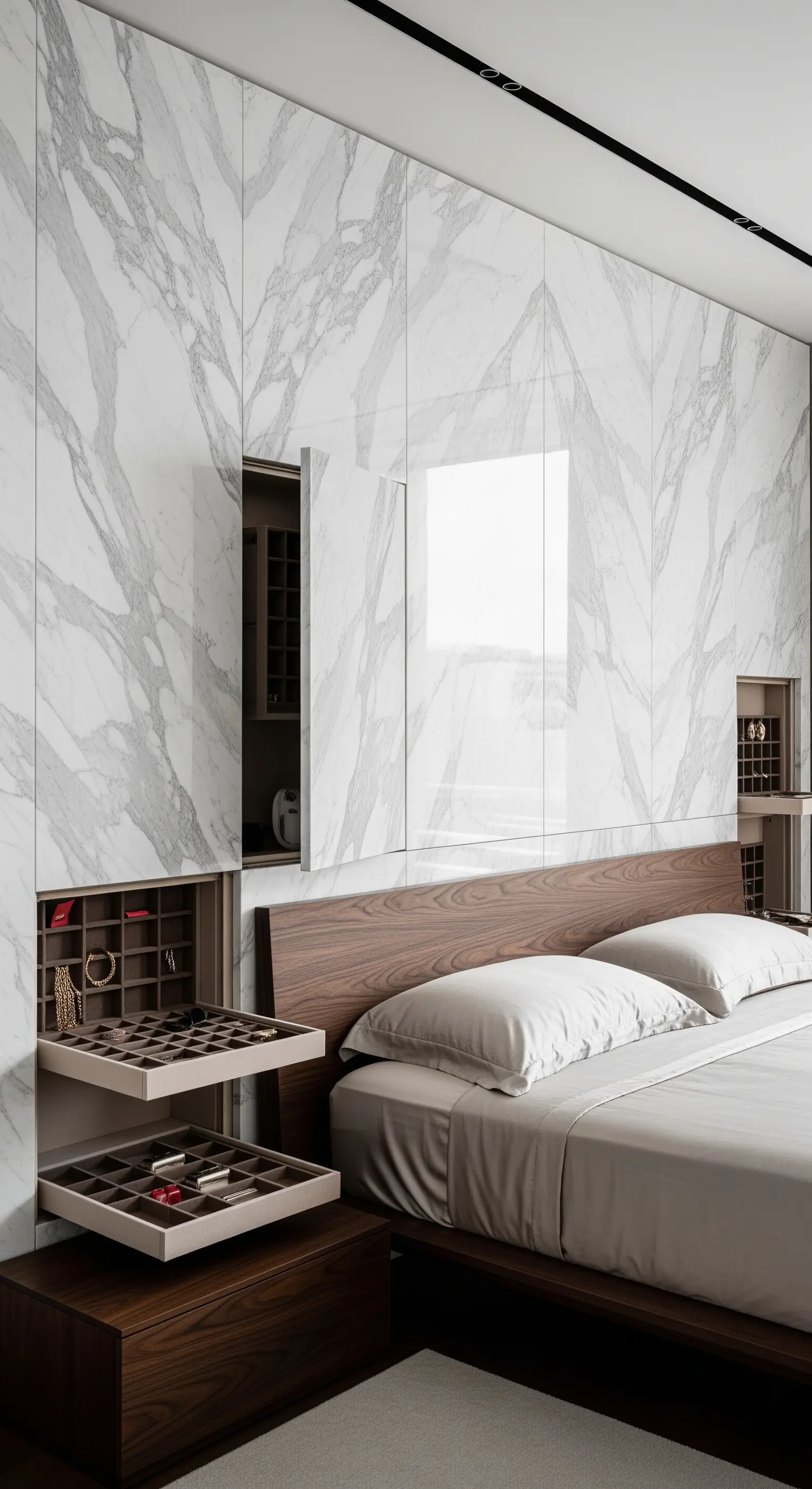 Luxuriöses Schlafzimmer mit Marmorwand, in die unsichtbare Schmuckschubladen integriert sind.