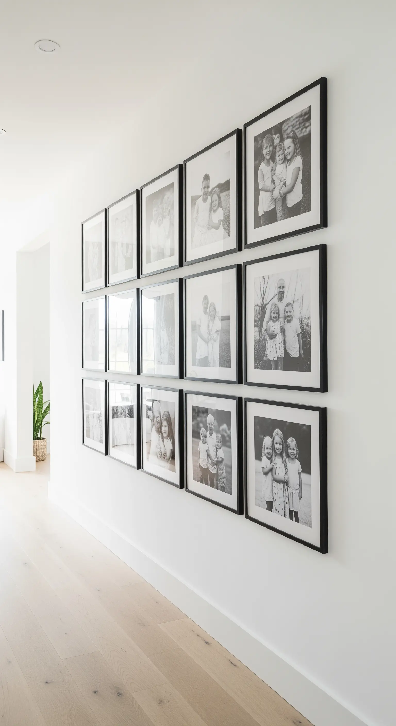 Eine perfekt symmetrisch angeordnete Galerie-Wand mit Schwarz-Weiß-Fotos in identischen schwarzen Rahmen.