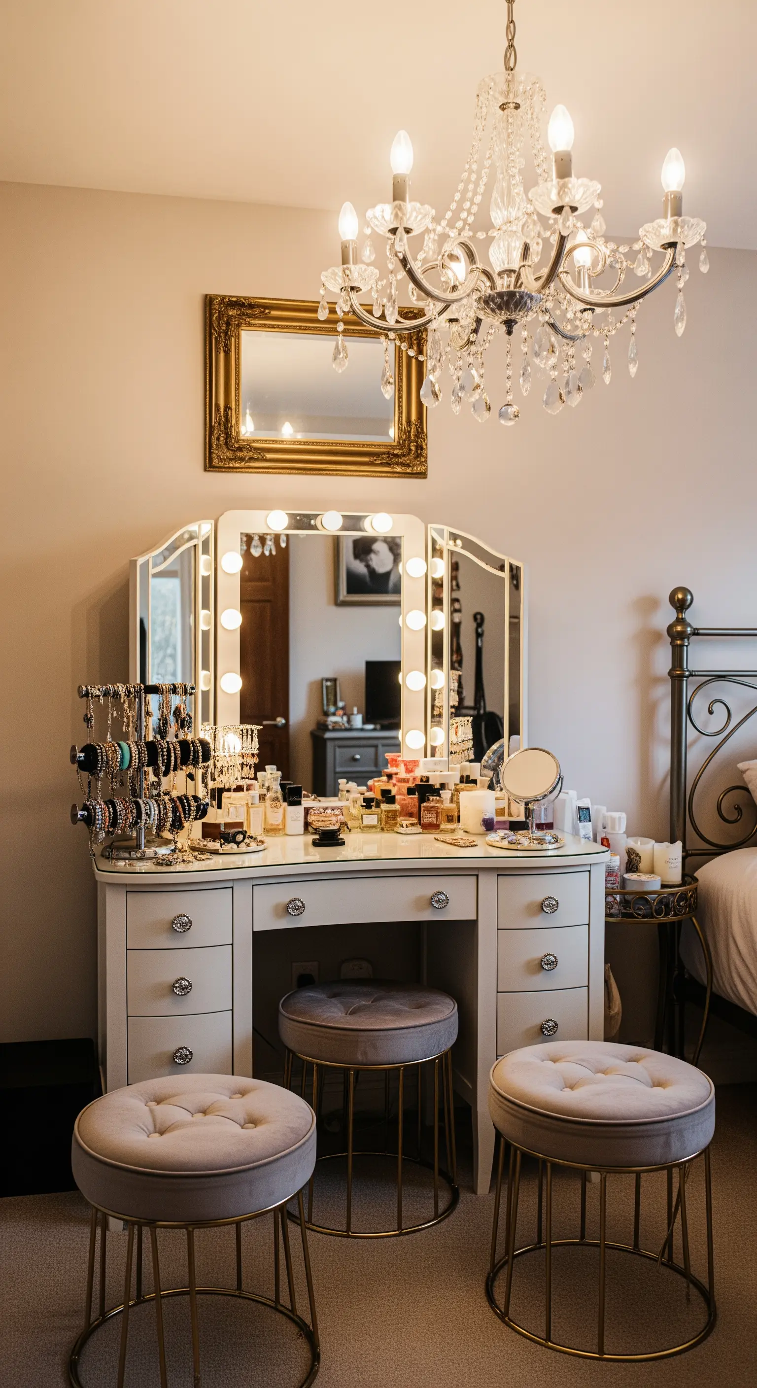 Weißer Schminktisch mit drei Spiegeln, Kristalllüster und zwei samtenen Hockern