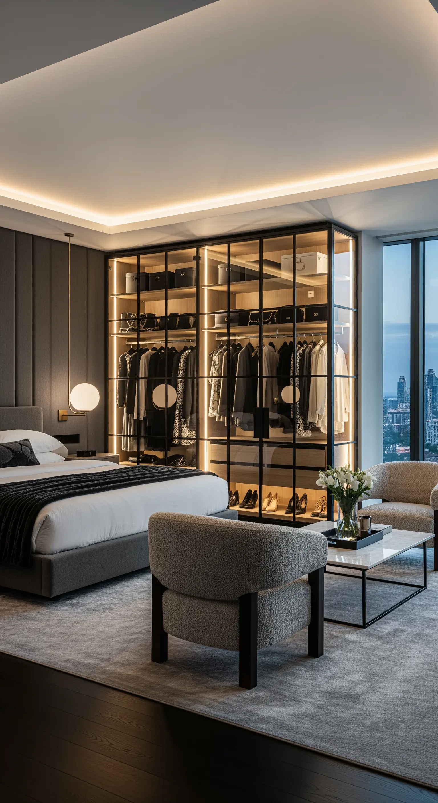 Moderner Glas-Kleiderschrank mit integrierter LED-Beleuchtung in einem dunklen Schlafzimmer.