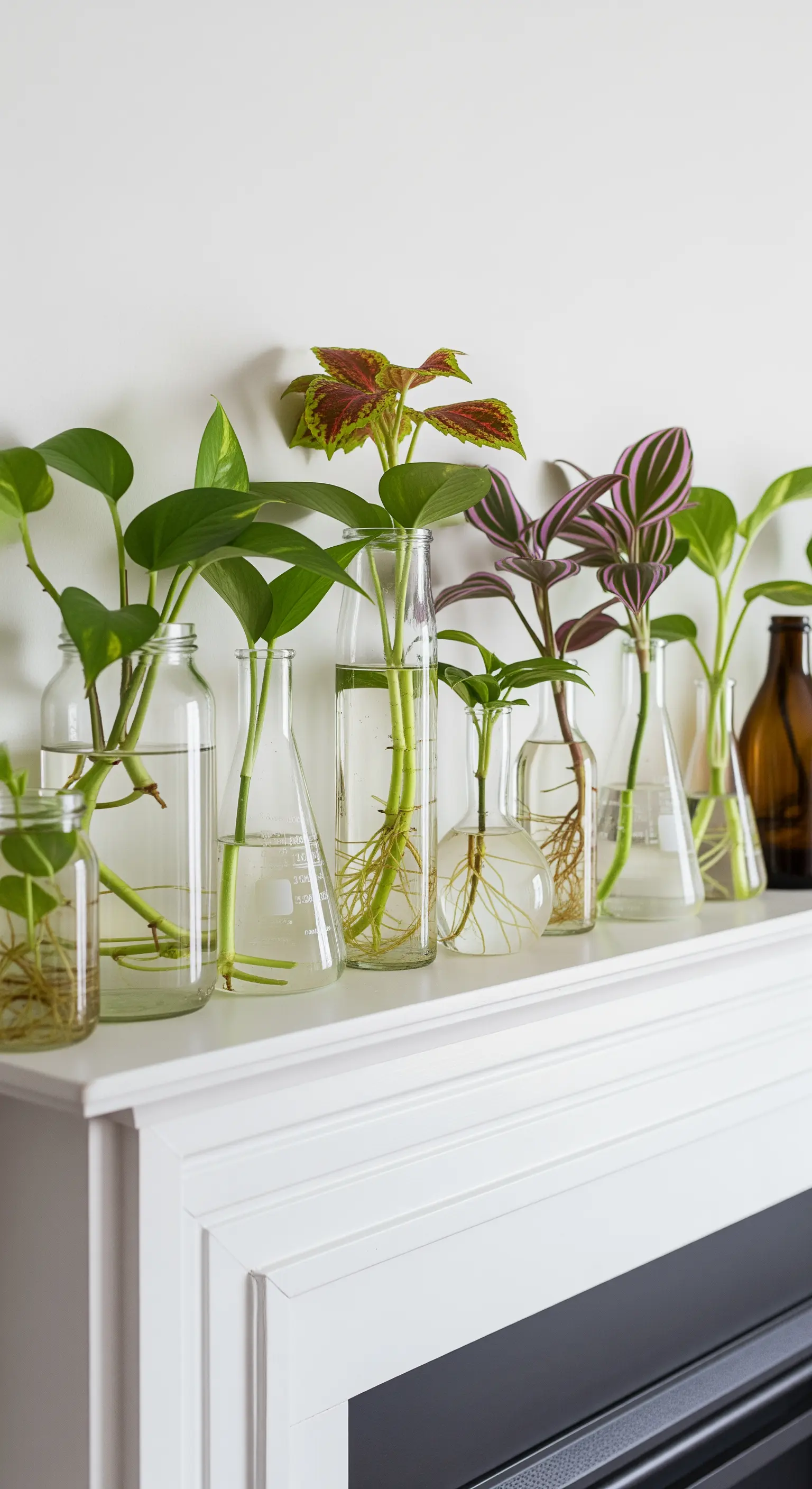 Verschiedene Pflanzenstecklinge, die in einer Reihe von Glasgefäßen auf einem weißen Kaminsims wurzeln