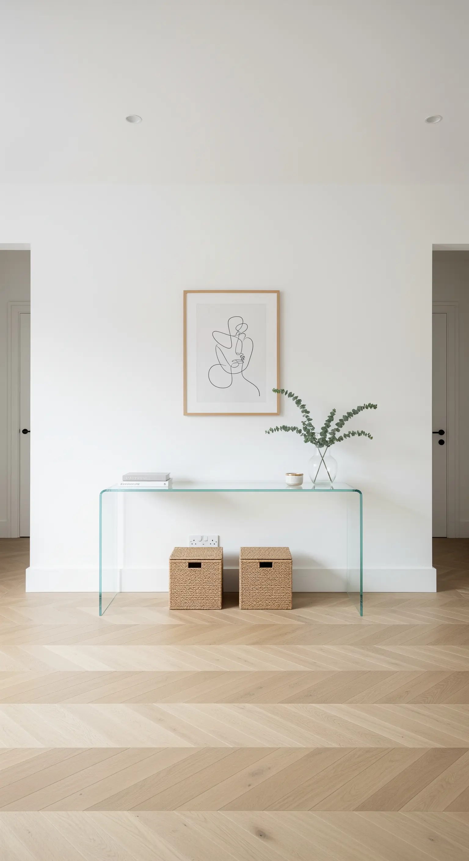 Konsolentisch aus Glas mit geflochtenen Körben darunter und einem Bild darüber.