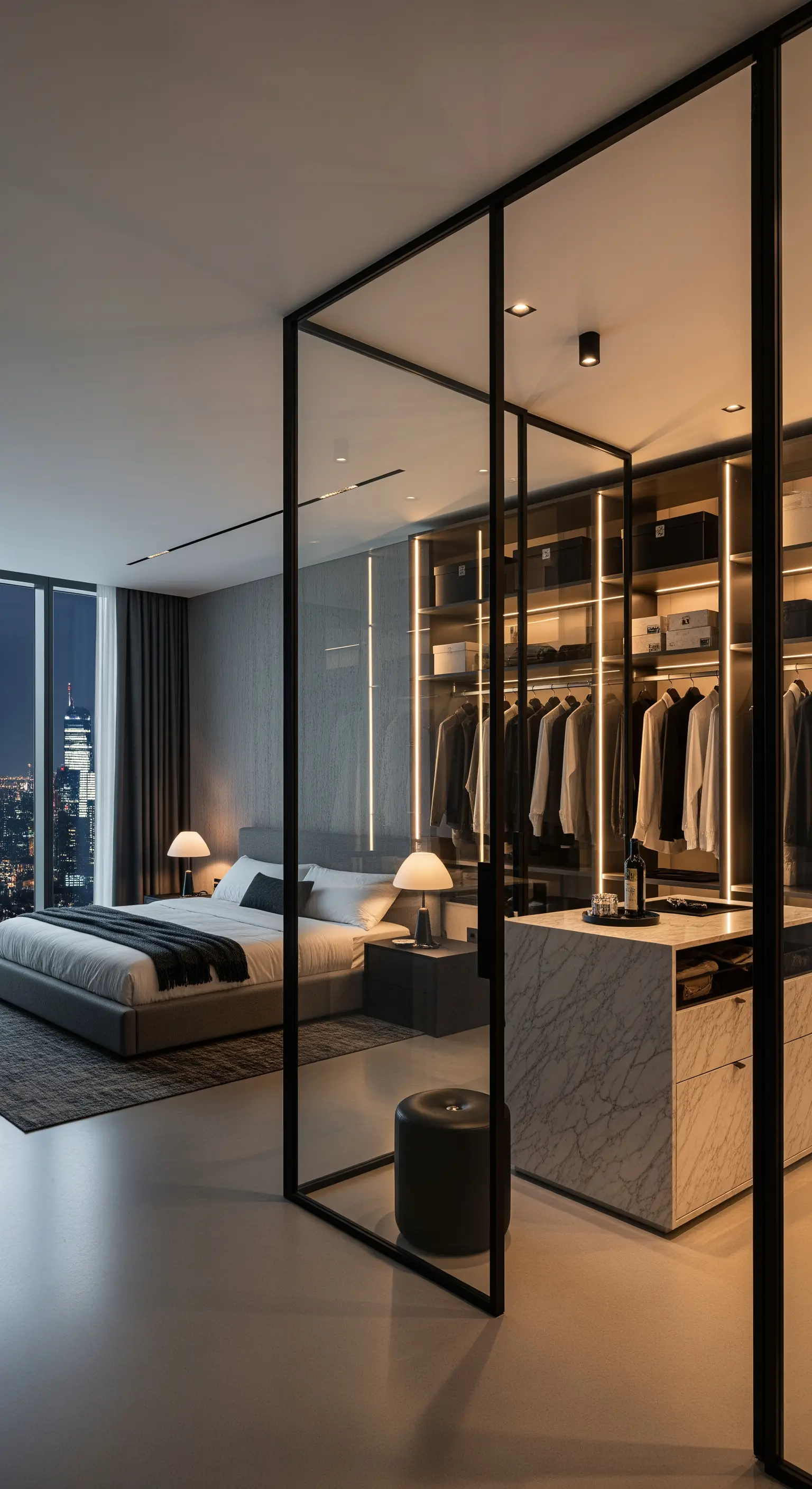 Modernes Schlafzimmer mit Glaswand zum begehbaren Kleiderschrank und Stadtblick