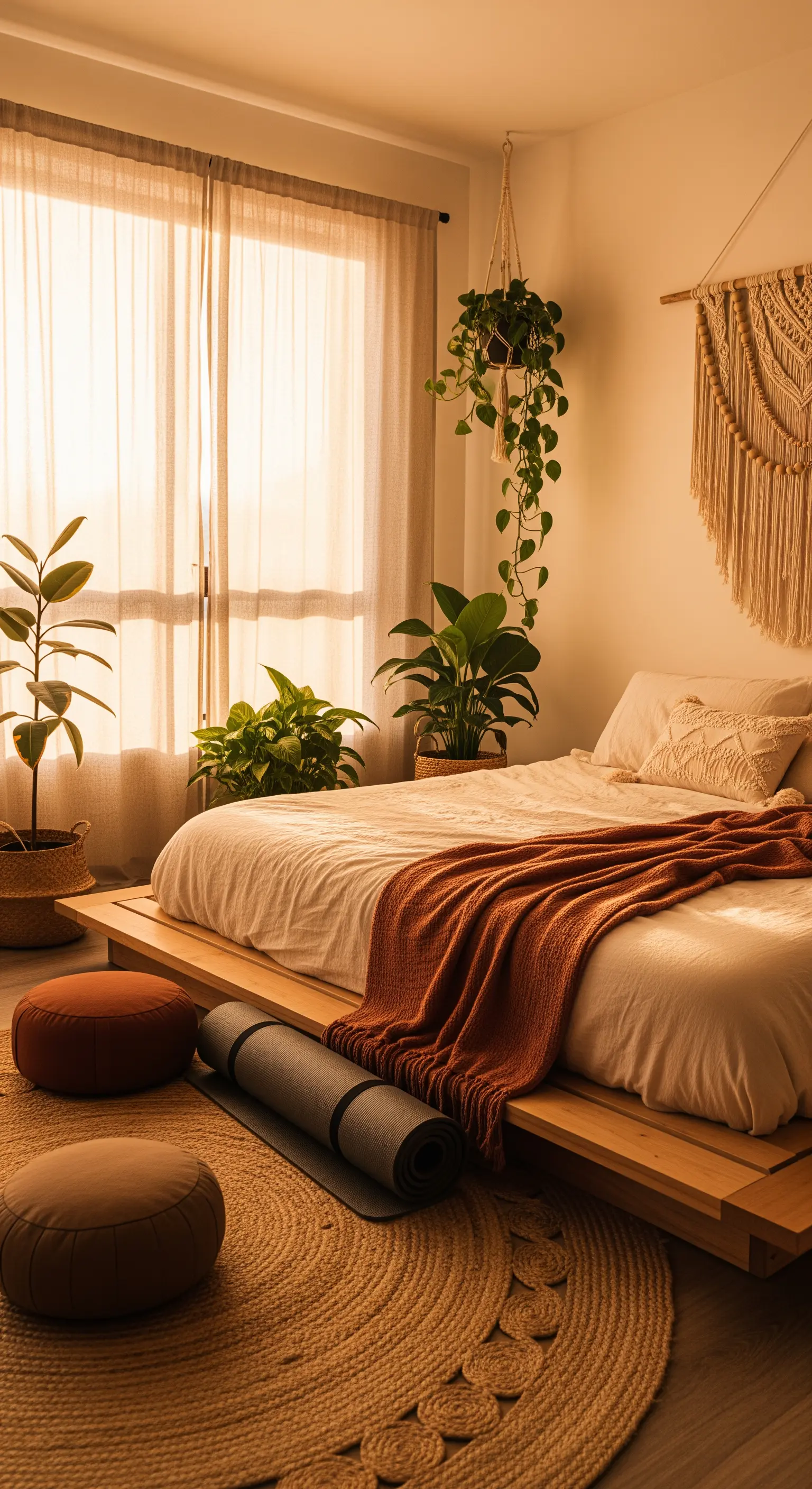 Sonnendurchflutetes Boho-Schlafzimmer mit bodennahem Bett und Jute-Teppich.