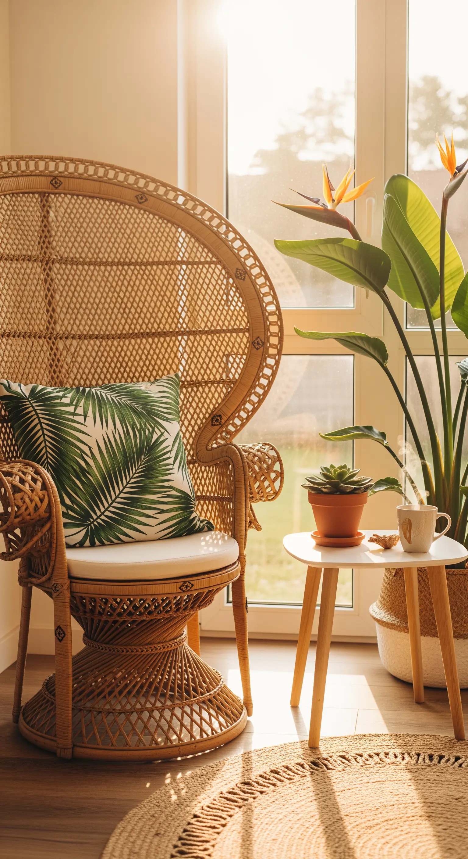 Rattan-Sessel mit Palmenkissen in sonniger Leseecke