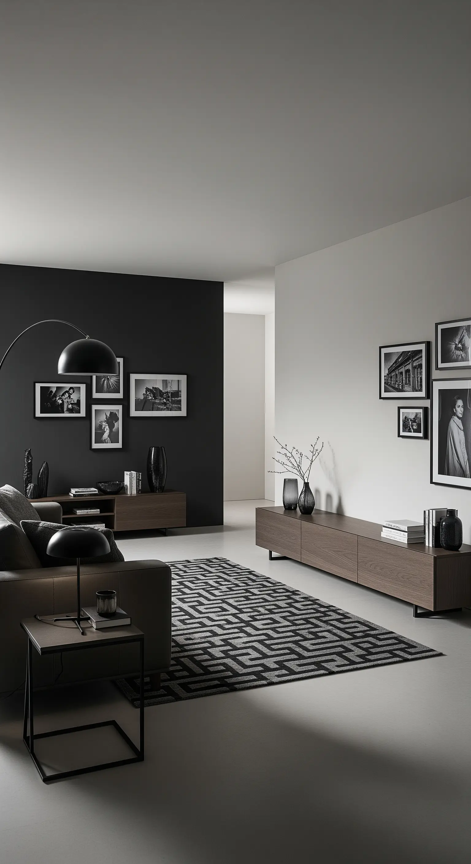 Modernes Wohnzimmer mit einer schwarzen Akzentwand für Schwarz-Weiß-Fotografien und einem grafischen Teppich.