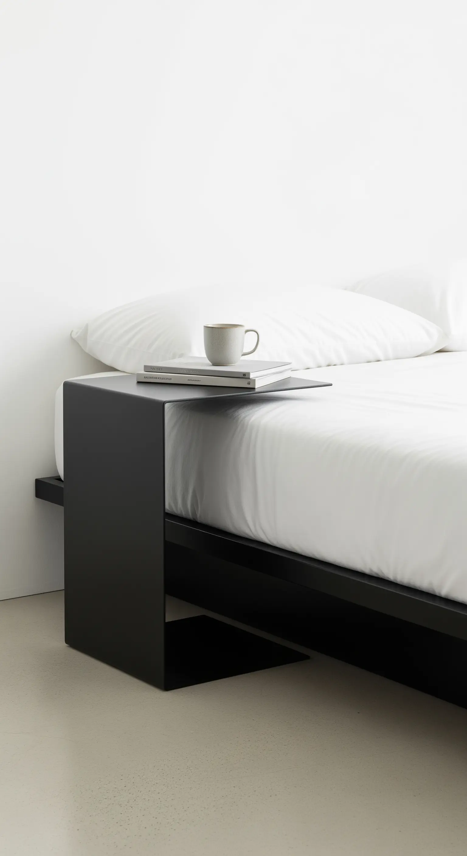 Schwarzer, C-förmiger Beistelltisch aus Metall als minimalistischer Nachttisch.