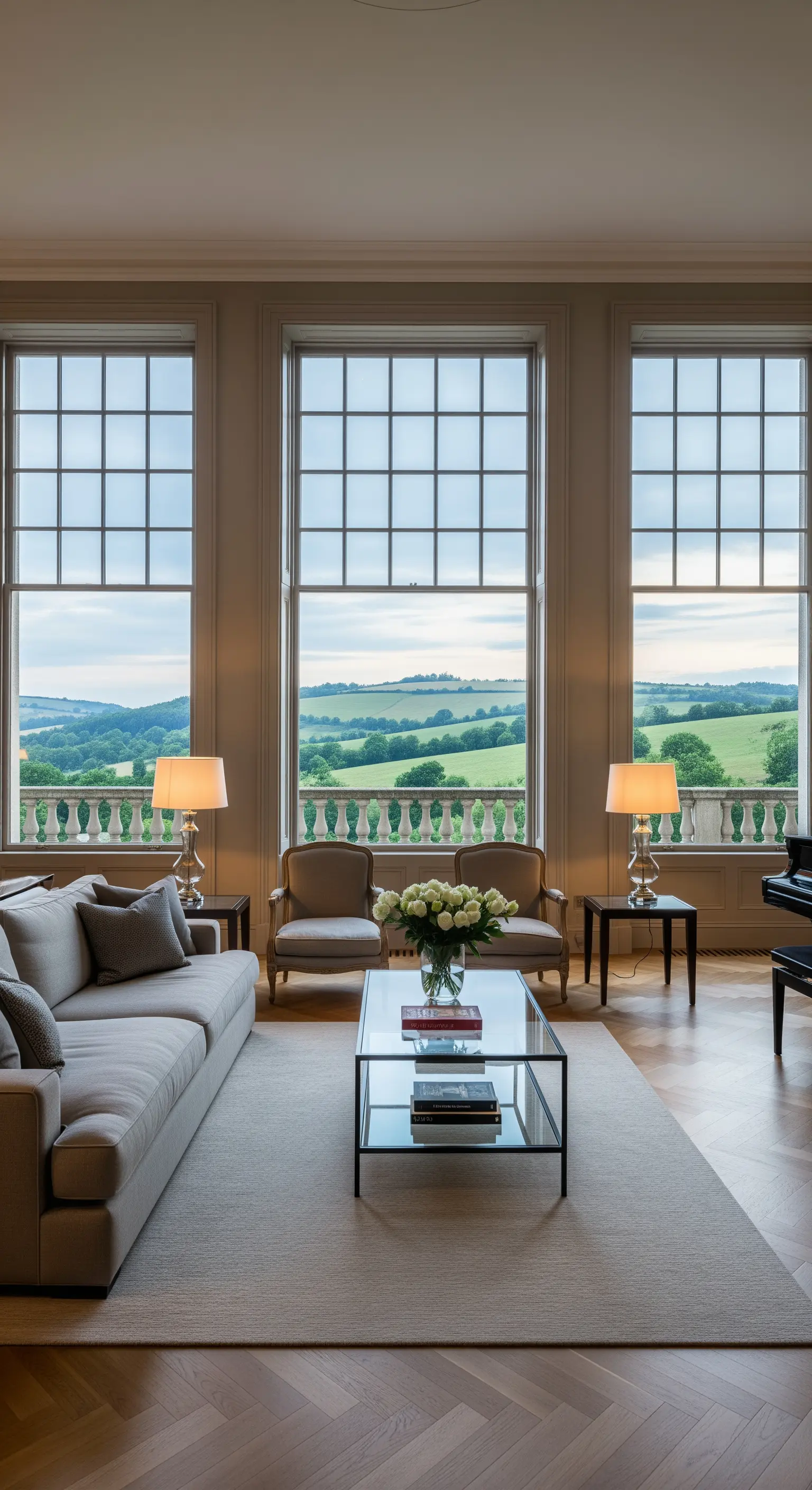 Elegantes Wohnzimmer mit drei hohen Fenstern, die auf eine grüne Hügellandschaft blicken.