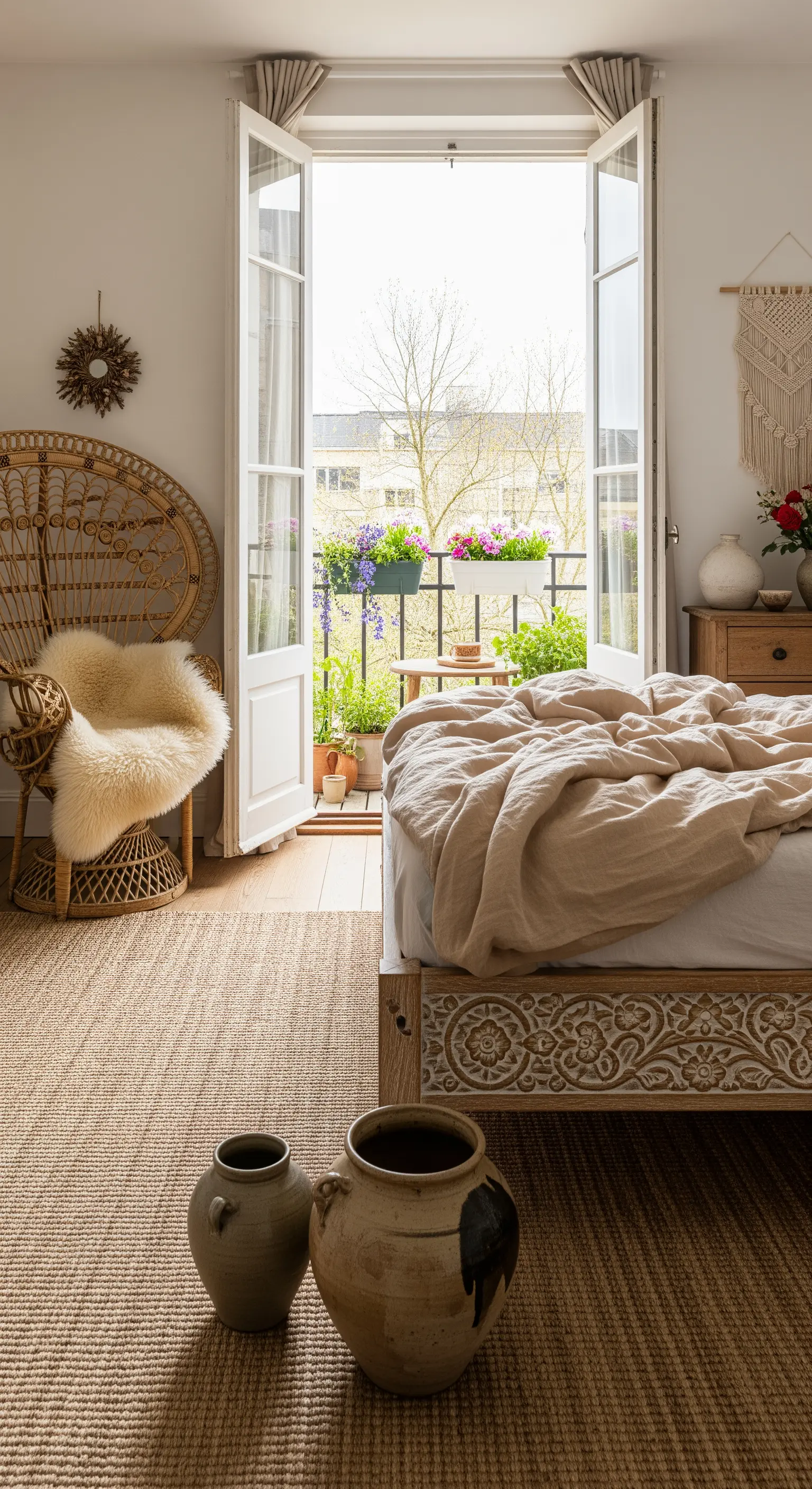 Offene Balkontür in einem Boho-Schlafzimmer mit Rattan-Sessel und Jute-Teppich.