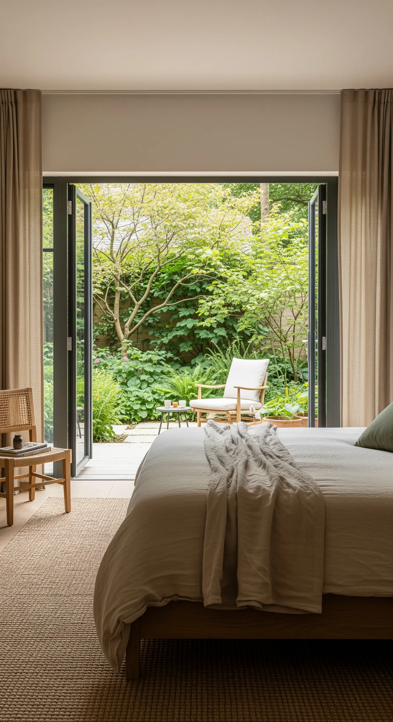 Schlafzimmer mit offenen Glastüren, die den Blick auf einen grünen Garten freigeben.