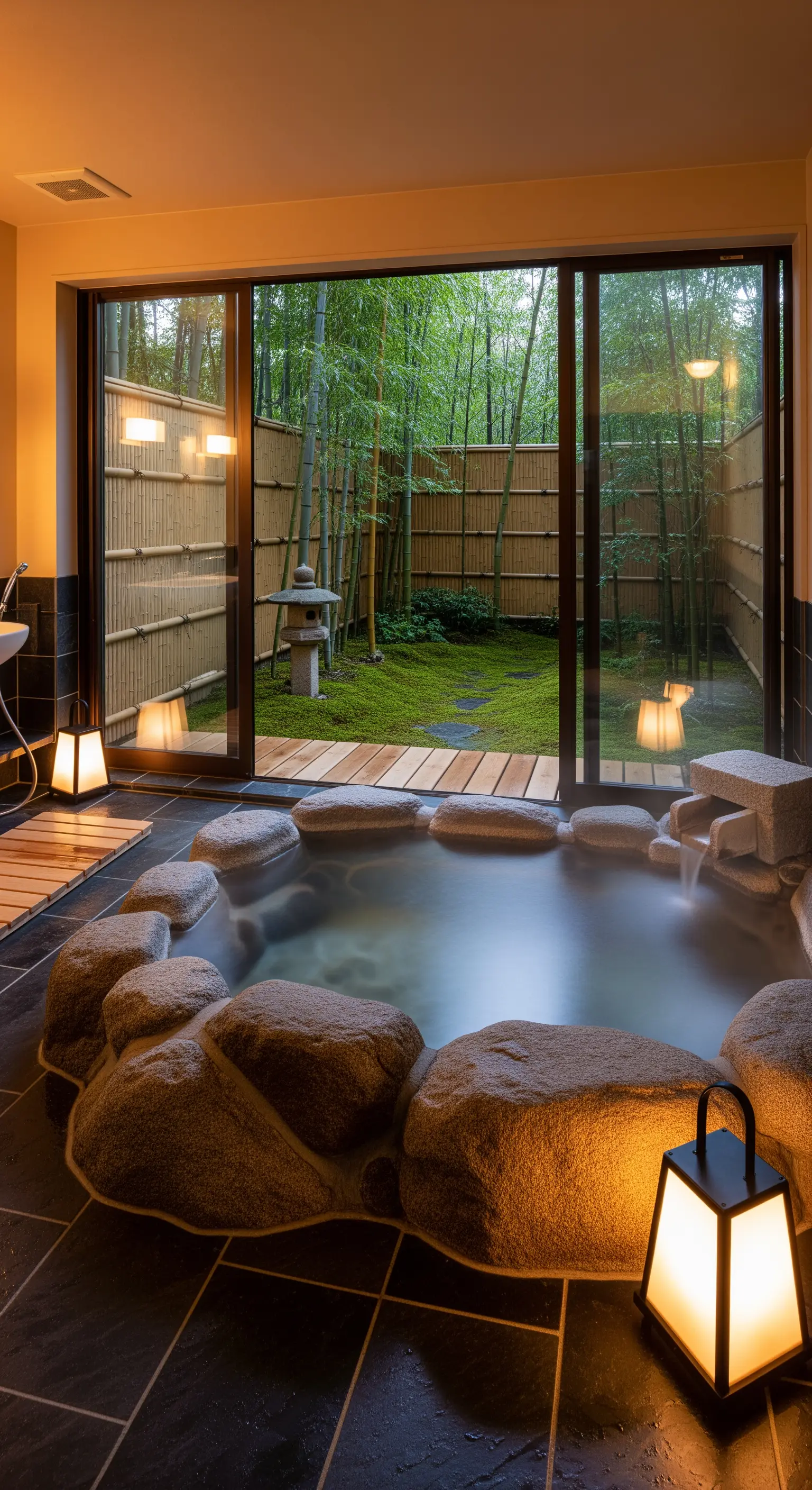 Japanisches Onsen-Bad mit Natursteinen und direktem Zugang zu einem Bambusgarten.