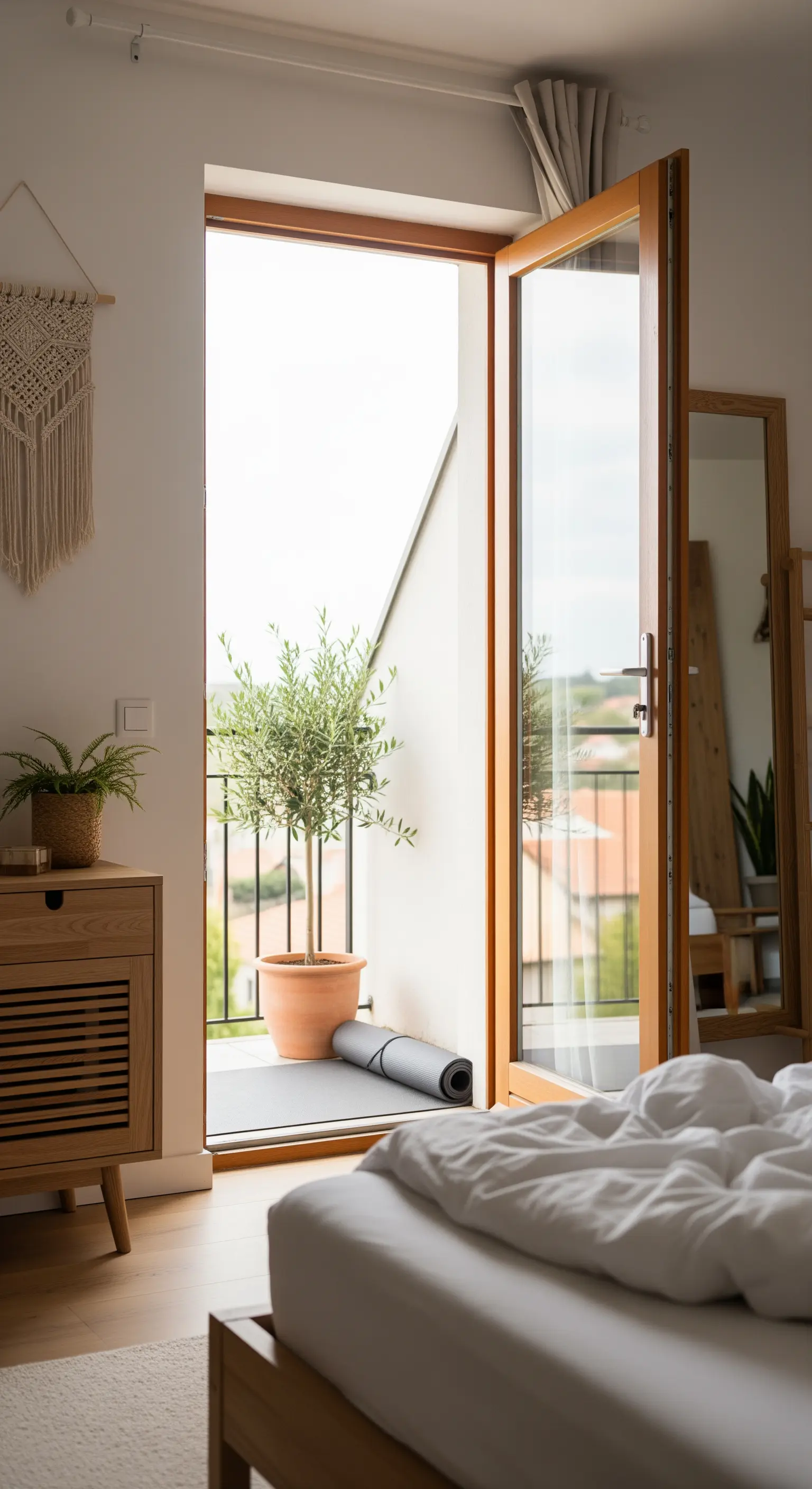 Blick aus einem Boho-Schlafzimmer durch eine offene Tür auf einen Balkon mit Olivenbaum.