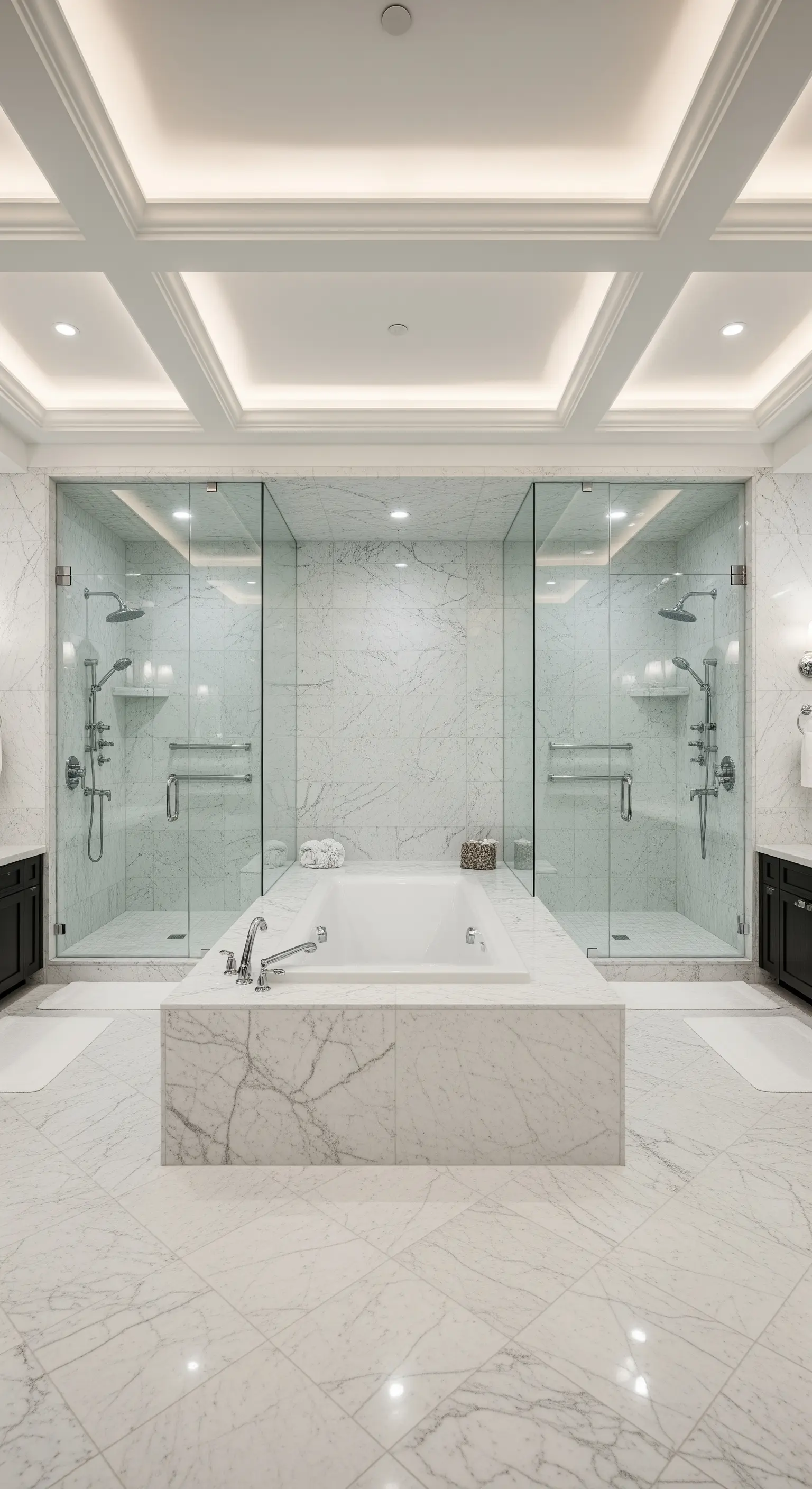 Großes, symmetrisches Marmorbad mit zentraler Wanne und zwei gegenüberliegenden Glasduschen