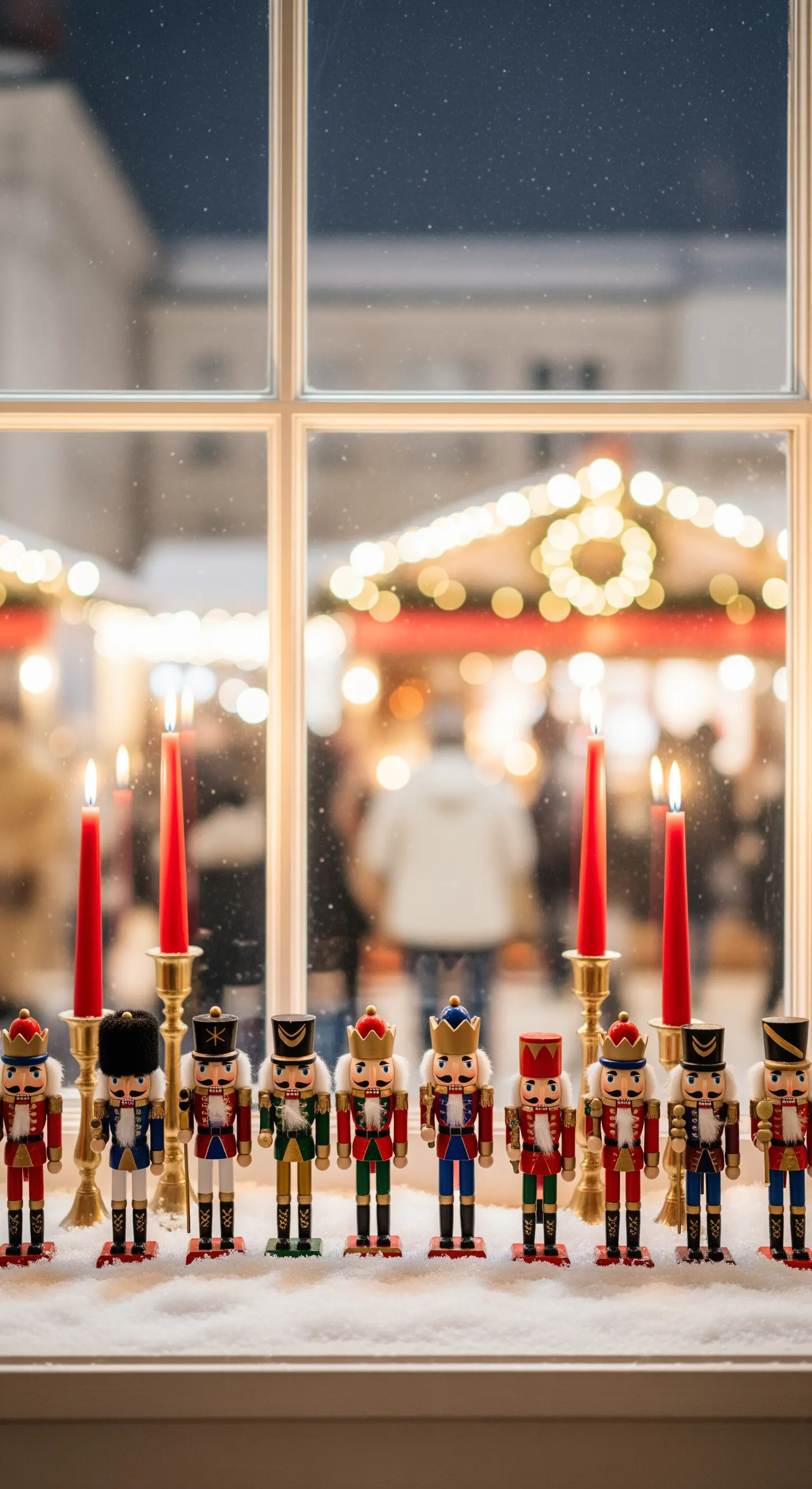 Eine Reihe von Nussknacker-Figuren zwischen roten Kerzen in Messing-Leuchtern.