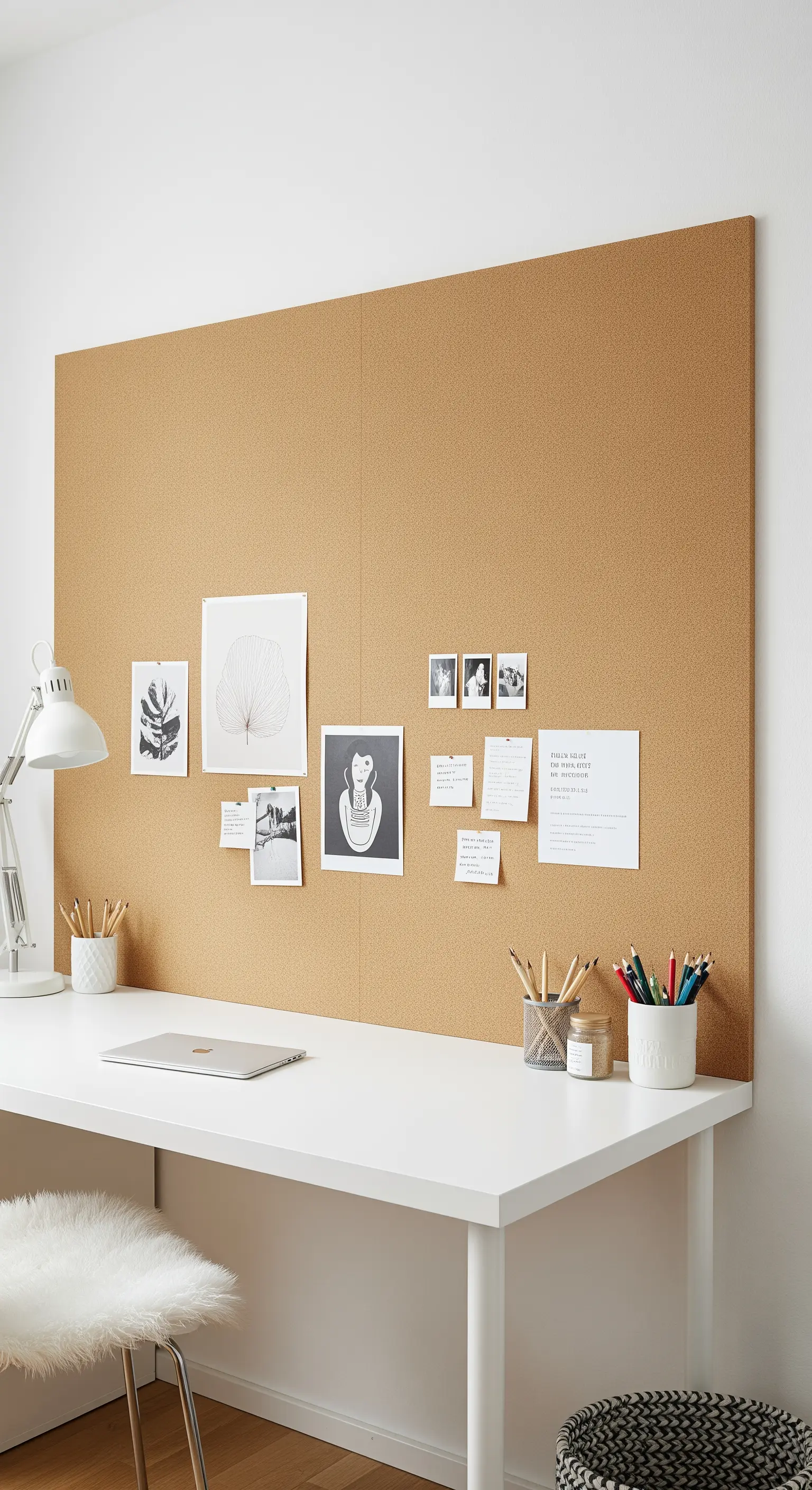 Große Kork-Pinnwand über einem weißen Schreibtisch, bestückt mit Bildern und Notizen.