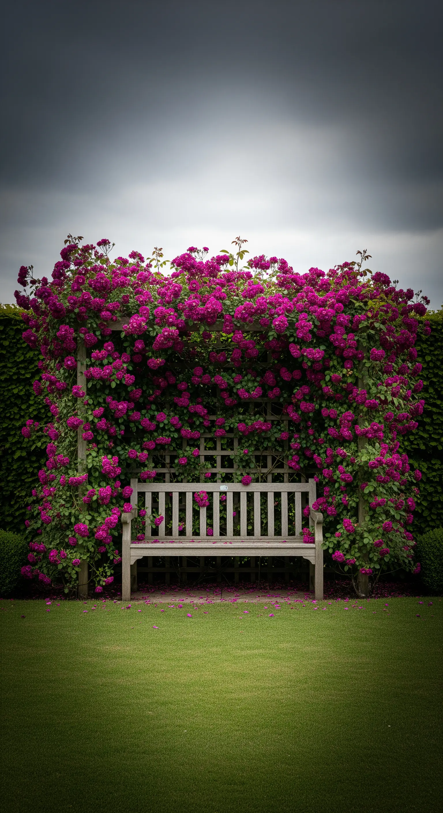 Eine Holzbank steht in einer von üppigen, magentafarbenen Rosen überwachsenen Pergola.