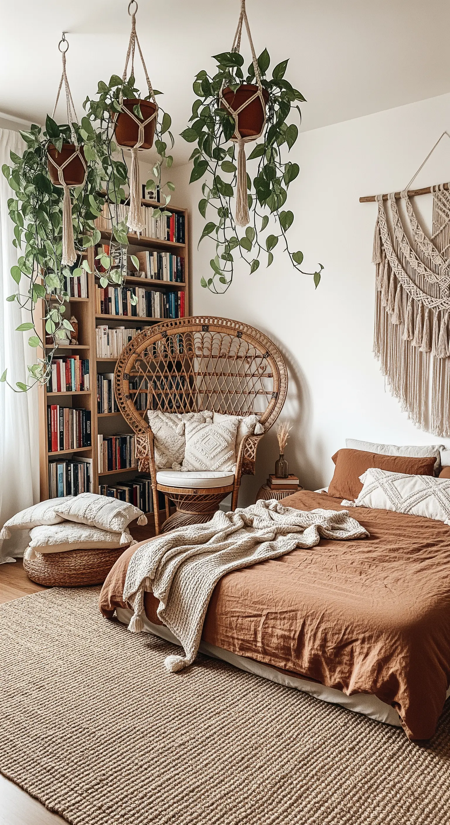 Boho-Schlafzimmer mit Pfauensessel, Hängepflanzen und Bücherregal als Leseecke.