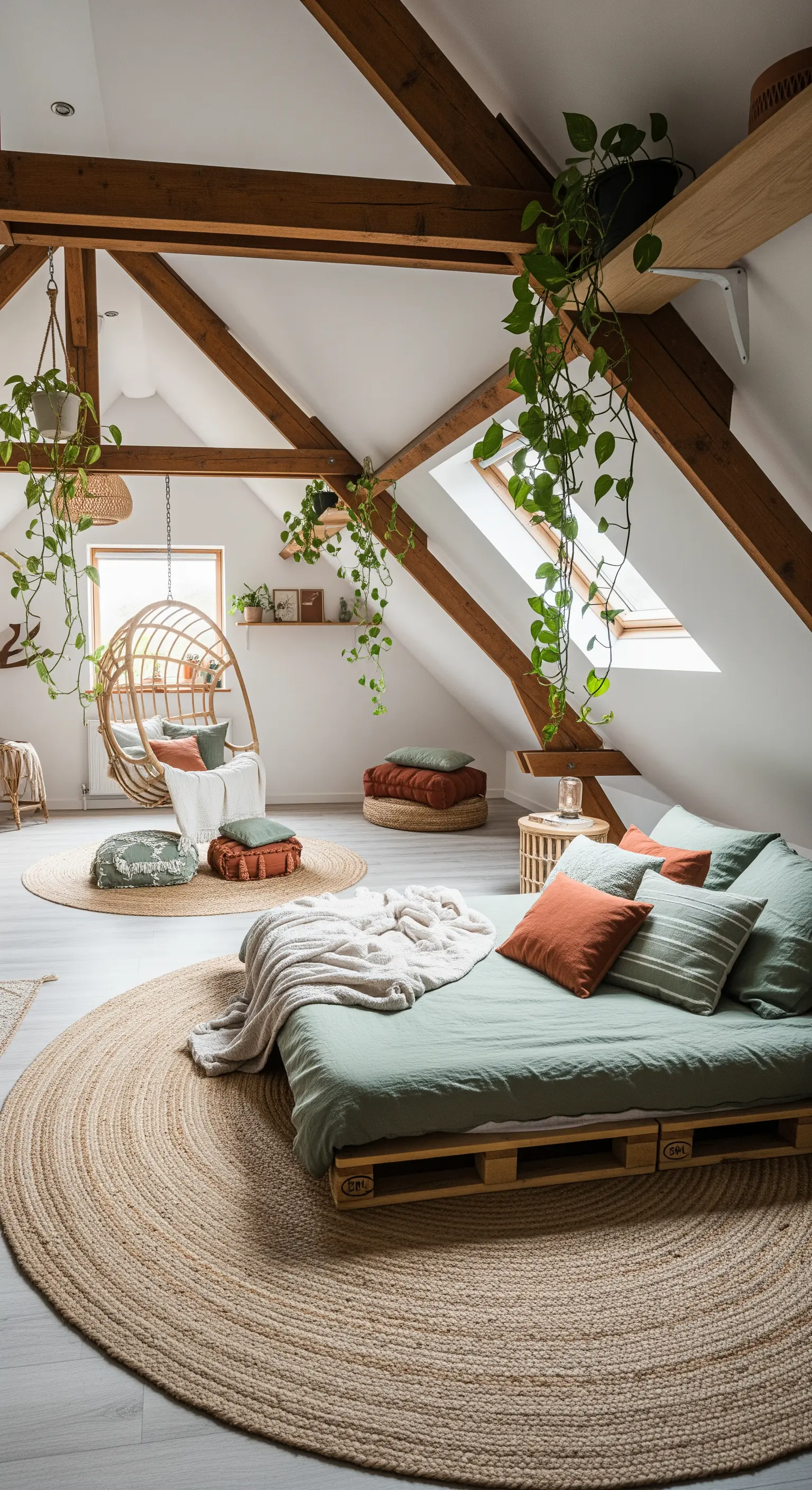 Helles Boho-Schlafzimmer im Dachgeschoss mit Holzbalken, Hängepflanzen und Jute-Teppichen.