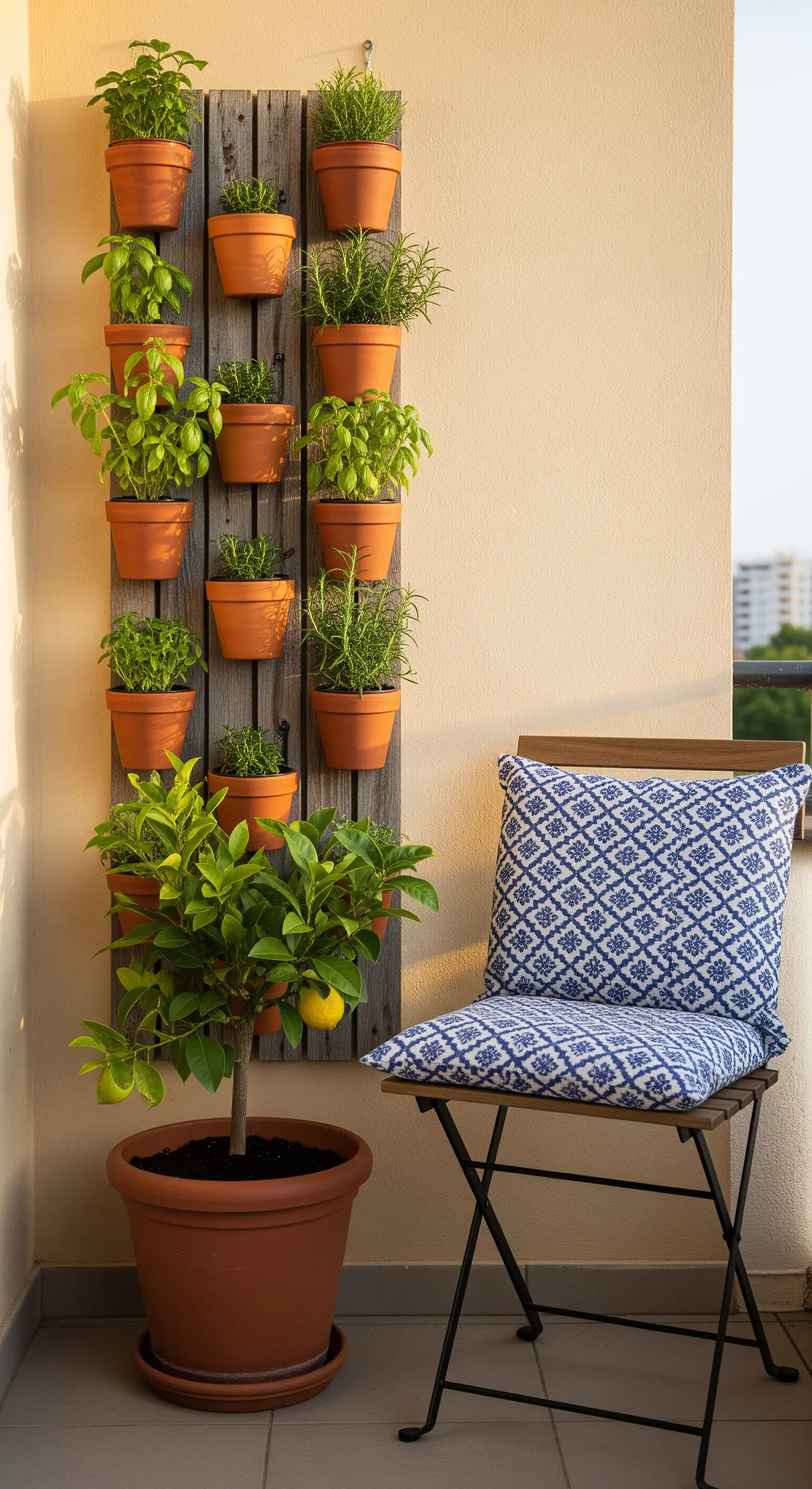 Vertikaler Kräutergarten aus Holz an einer Balkonwand mit Terrakottatöpfen.