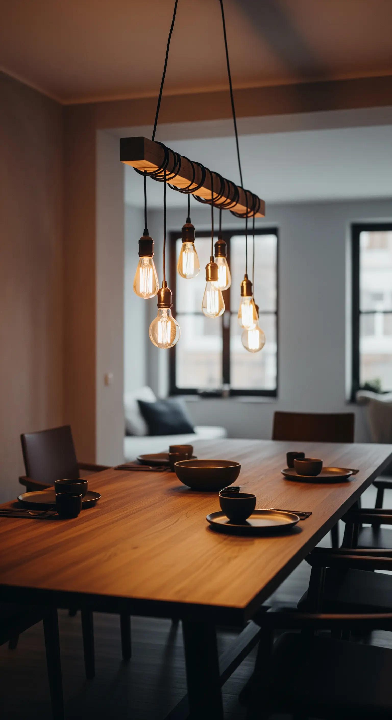 Mehrere Edison-Glühbirnen hängen von einem Holzbalken über einem Esstisch aus Holz.
