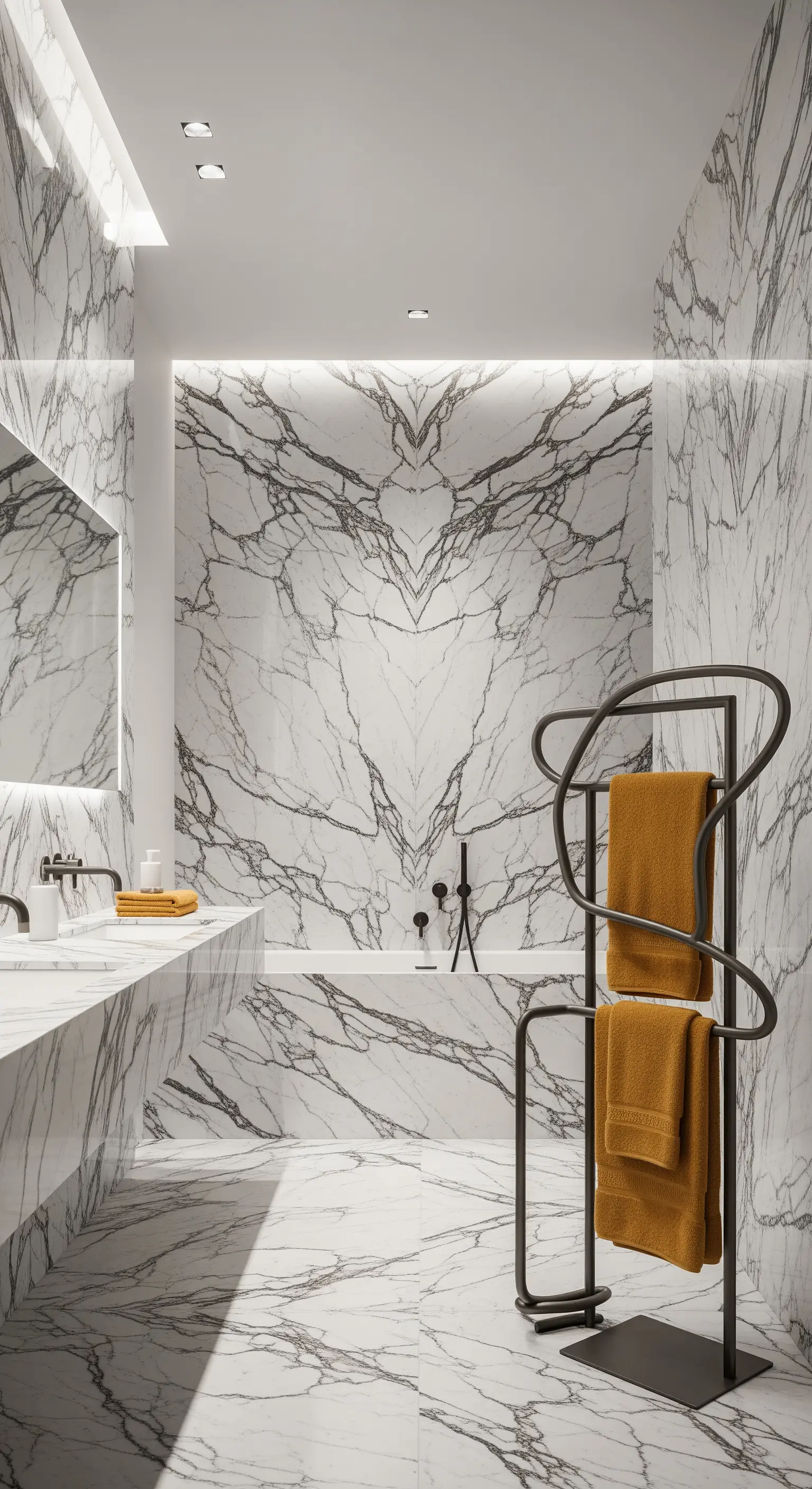 Skulpturaler schwarzer Handtuchständer mit ockerfarbenen Handtüchern vor einer Marmorwand.