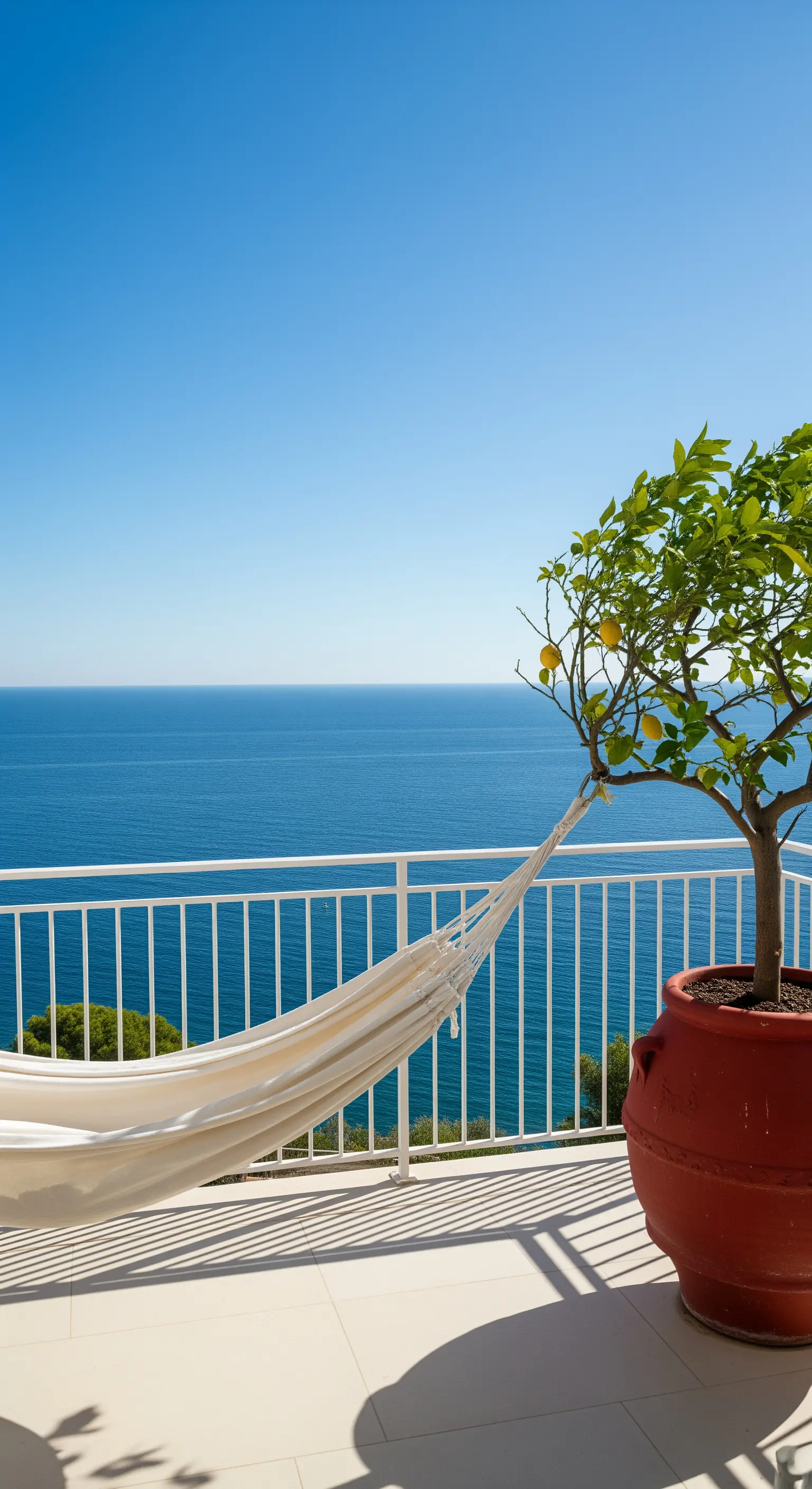 Weiße Hängematte auf einem Balkon mit Meerblick, befestigt an einem Zitronenbaum.