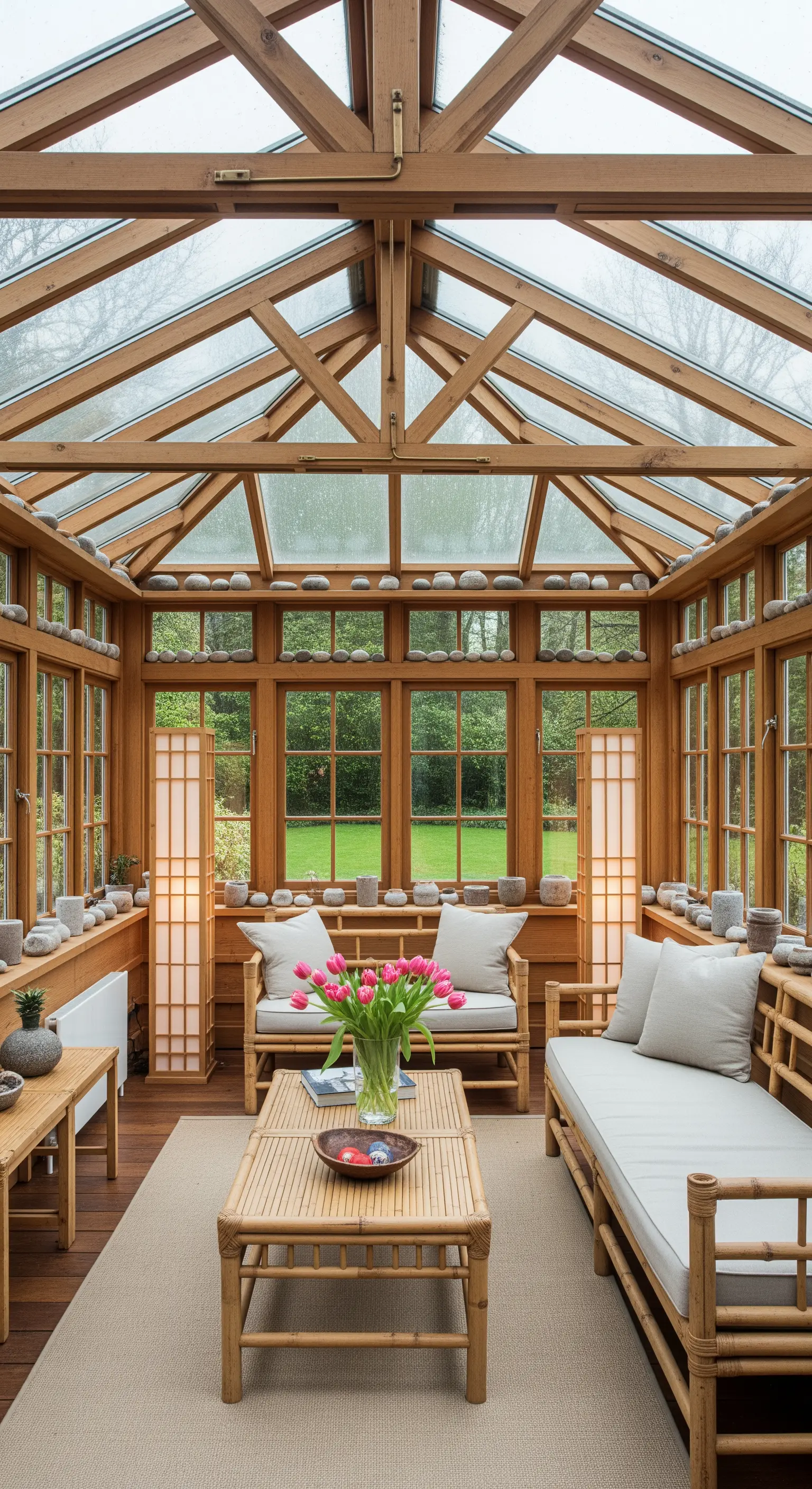 Wintergarten mit Bambusmöbeln und japanischen Papierlampen für Zen-Atmosphäre.