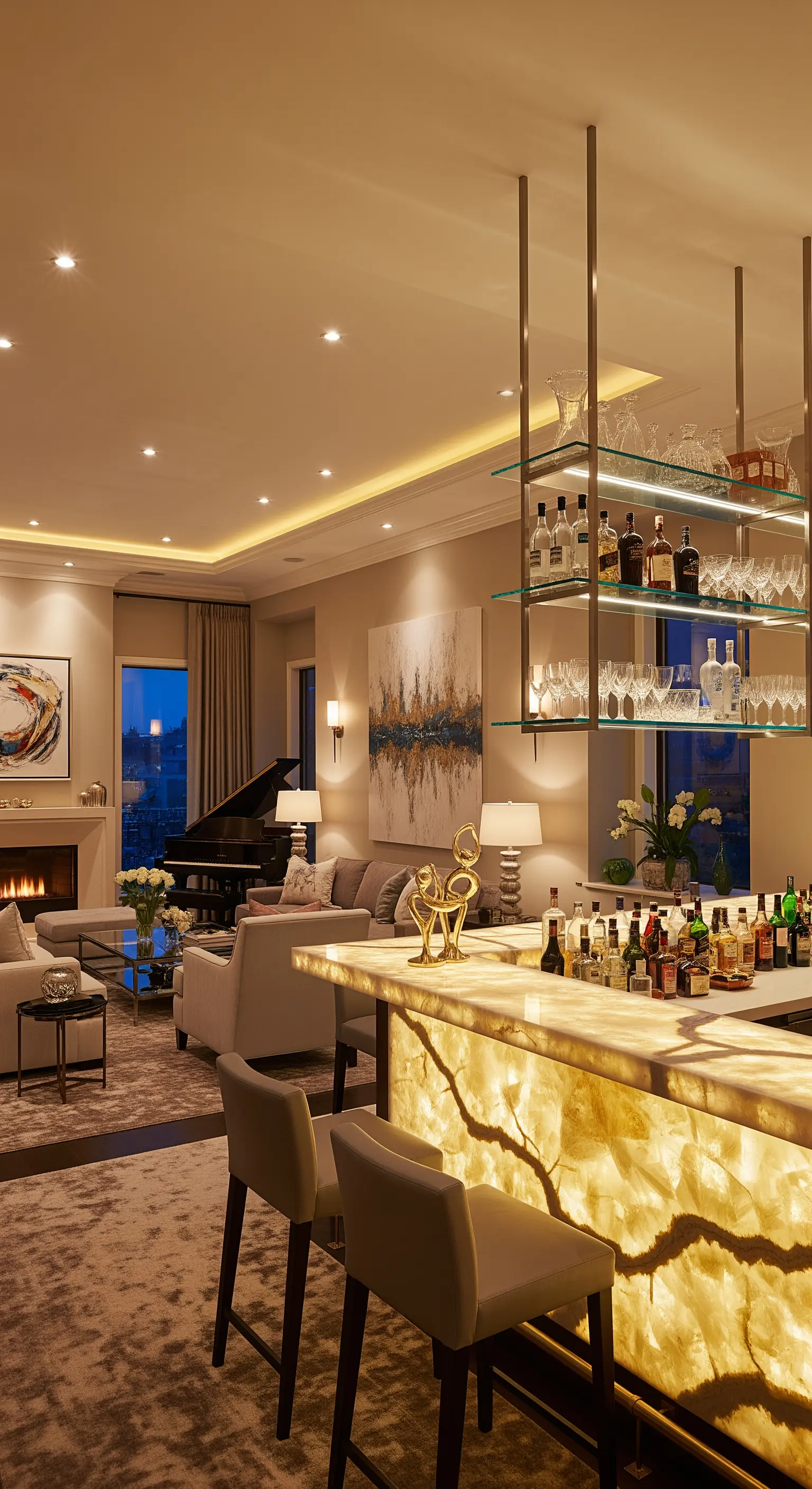 Elegante Hausbar mit einem von innen beleuchteten Onyx-Tresen und Glasregalen