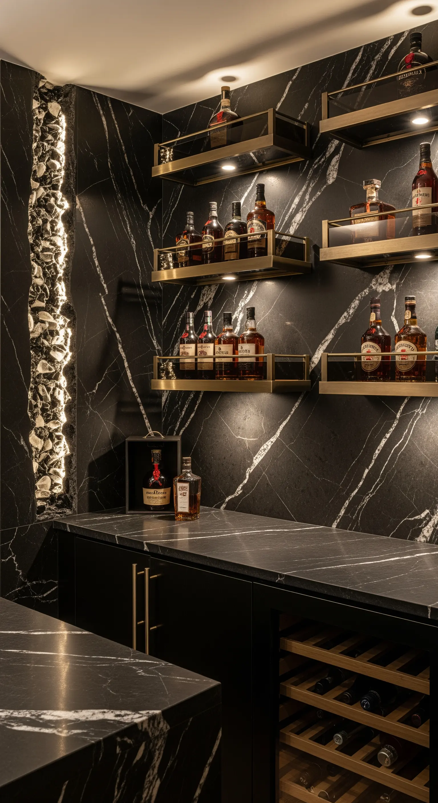 Hausbar mit schwarzer Marmorwand, Messingregalen und integrierter Beleuchtung.