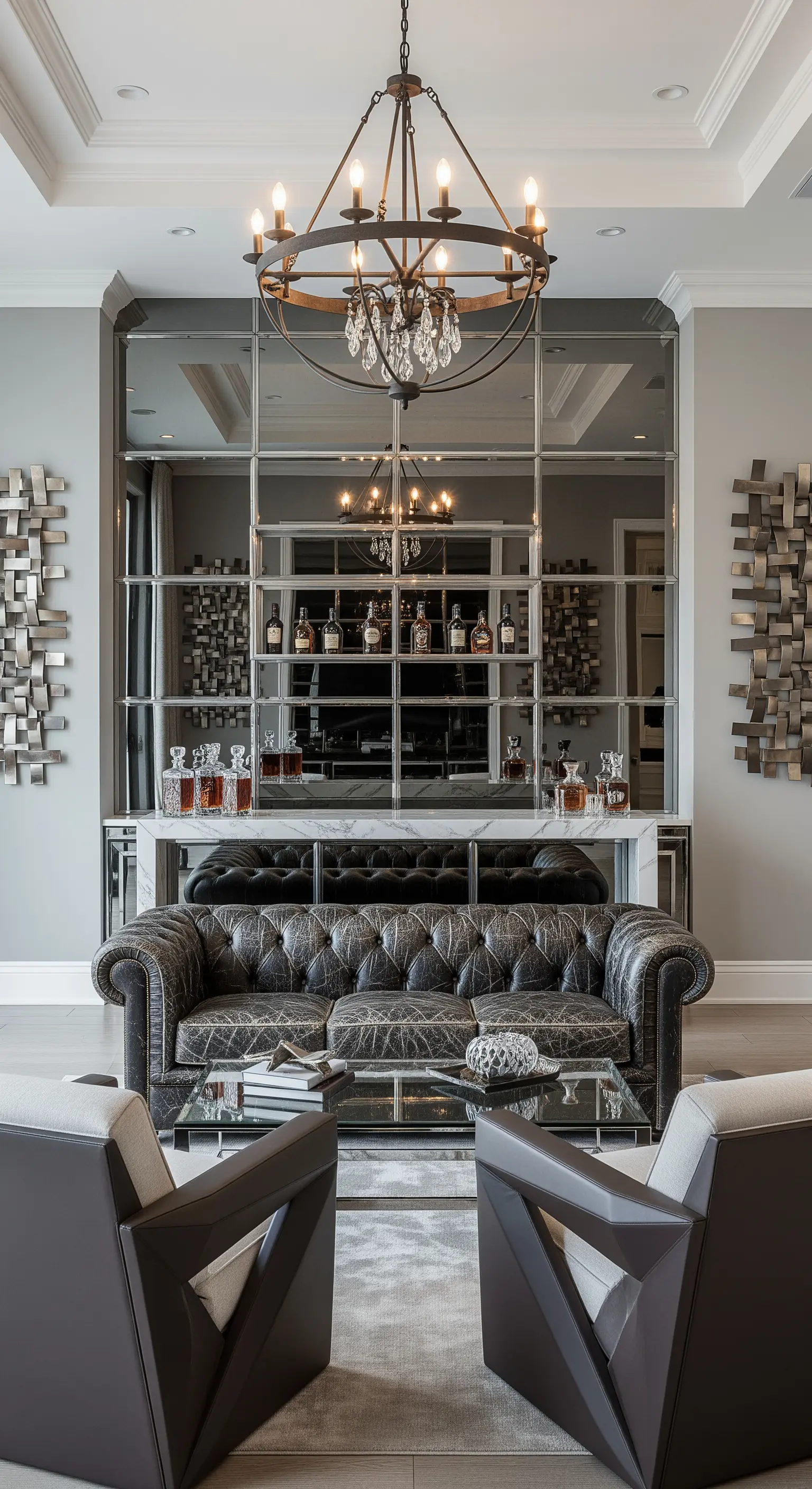 Elegante Hausbar mit Ledersofa vor einer großen Spiegelwand, die Flaschen reflektiert.