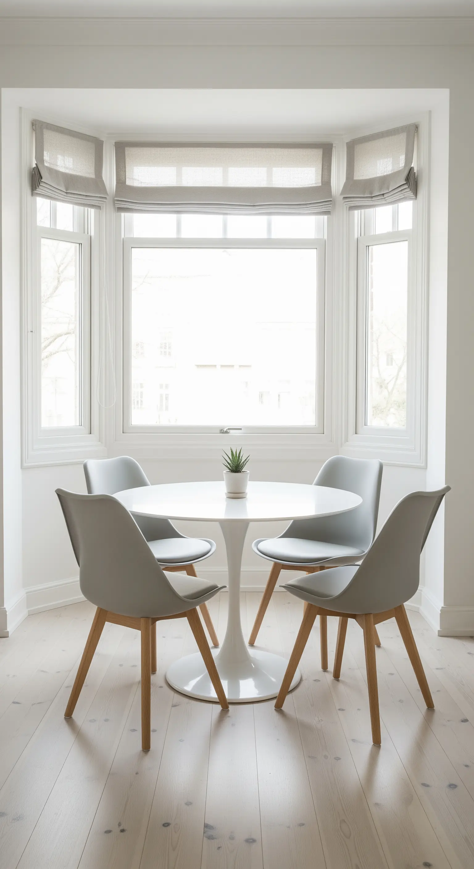 Helle Essecke in einer Fensternische mit rundem weißem Tisch und grauen Schalenstühlen.