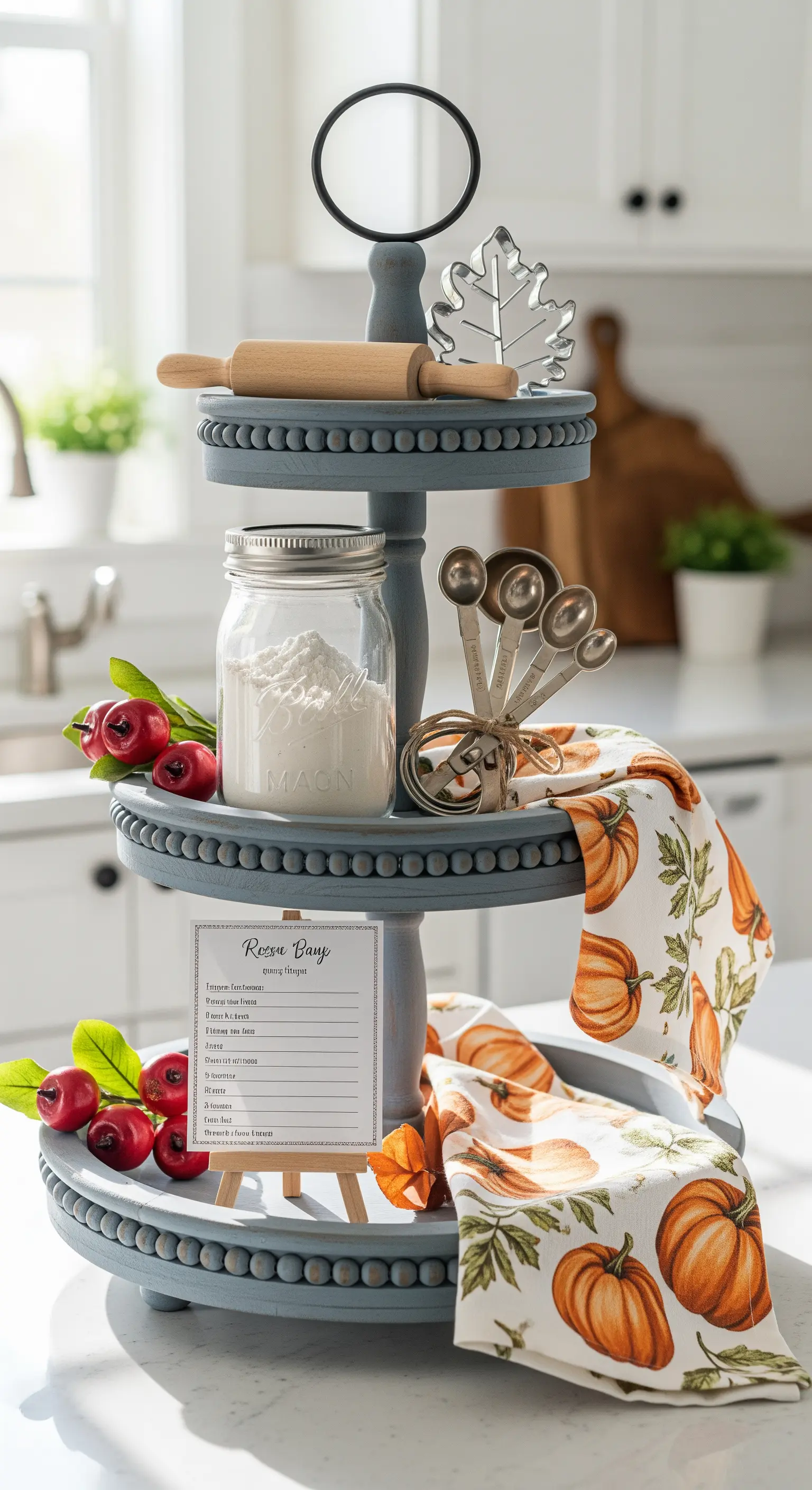 Blaue Etagere mit Backzutaten und einem Küchentuch mit Kürbismotiv