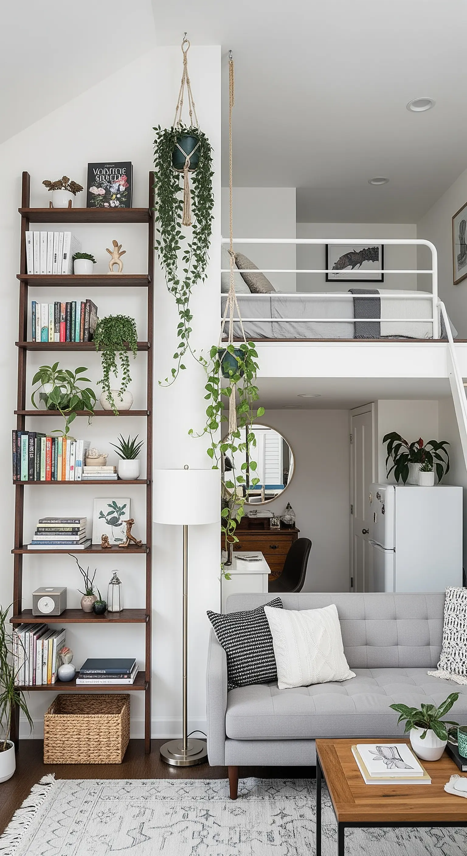 Studio-Apartment mit hohem Leiterregal, das als Stauraum und Deko dient.