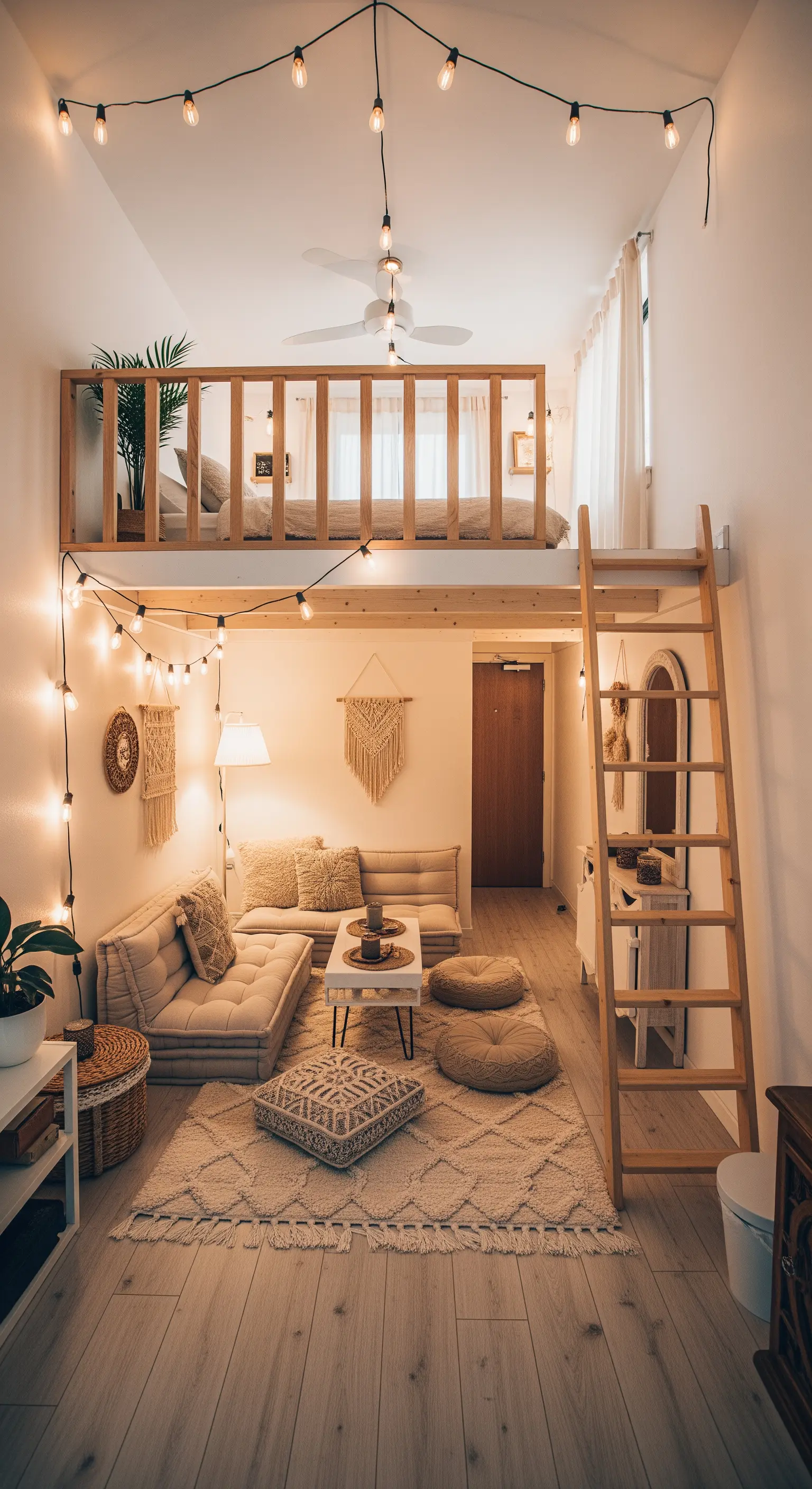 Gemütlicher Wohnbereich mit Bodensofas unter einem Hochbett, dekoriert mit Lichterketten.