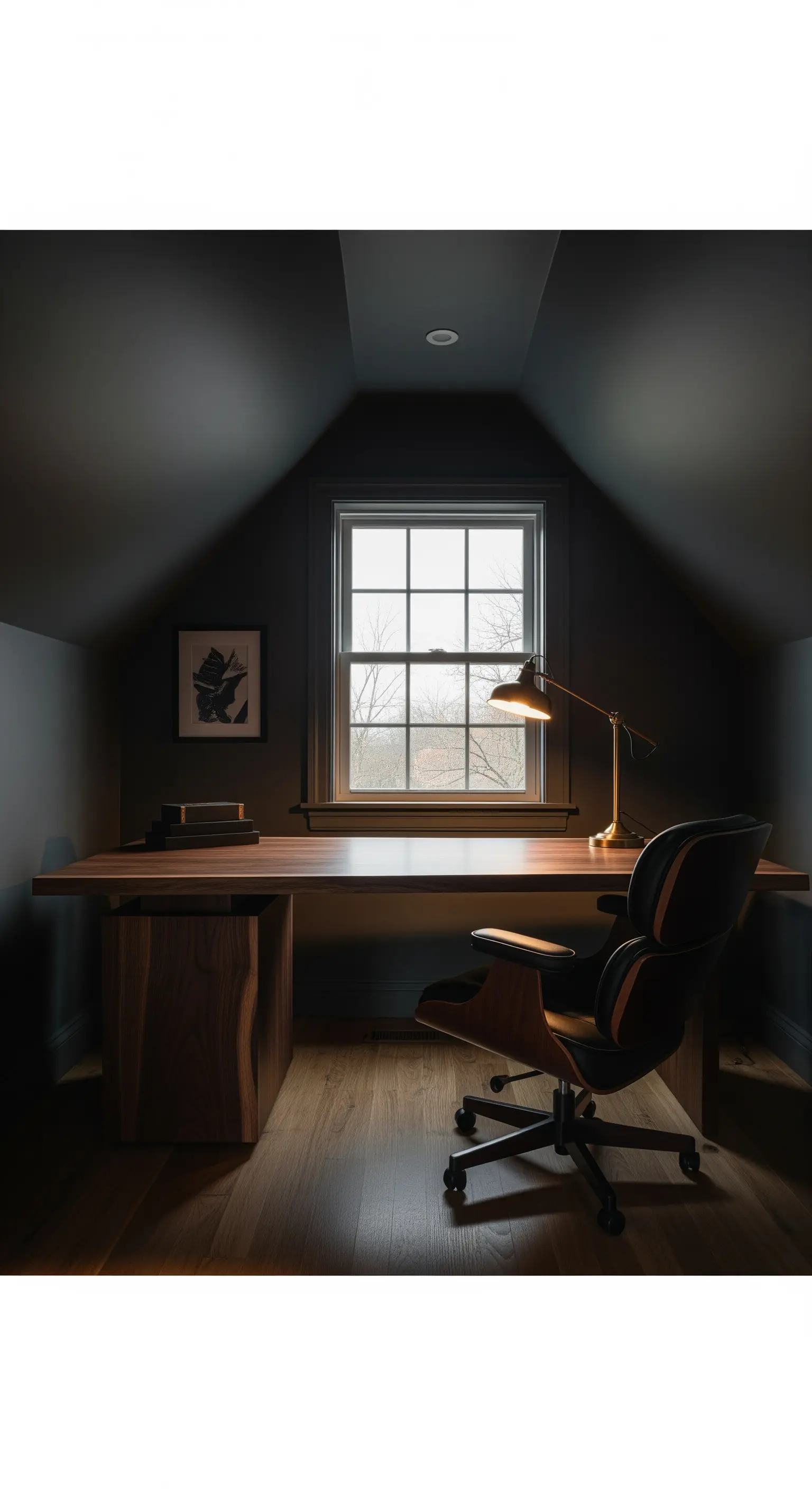 Dunkles, gemütliches Homeoffice im Dachgeschoss mit Holztisch und einer Messing-Schreibtischlampe.